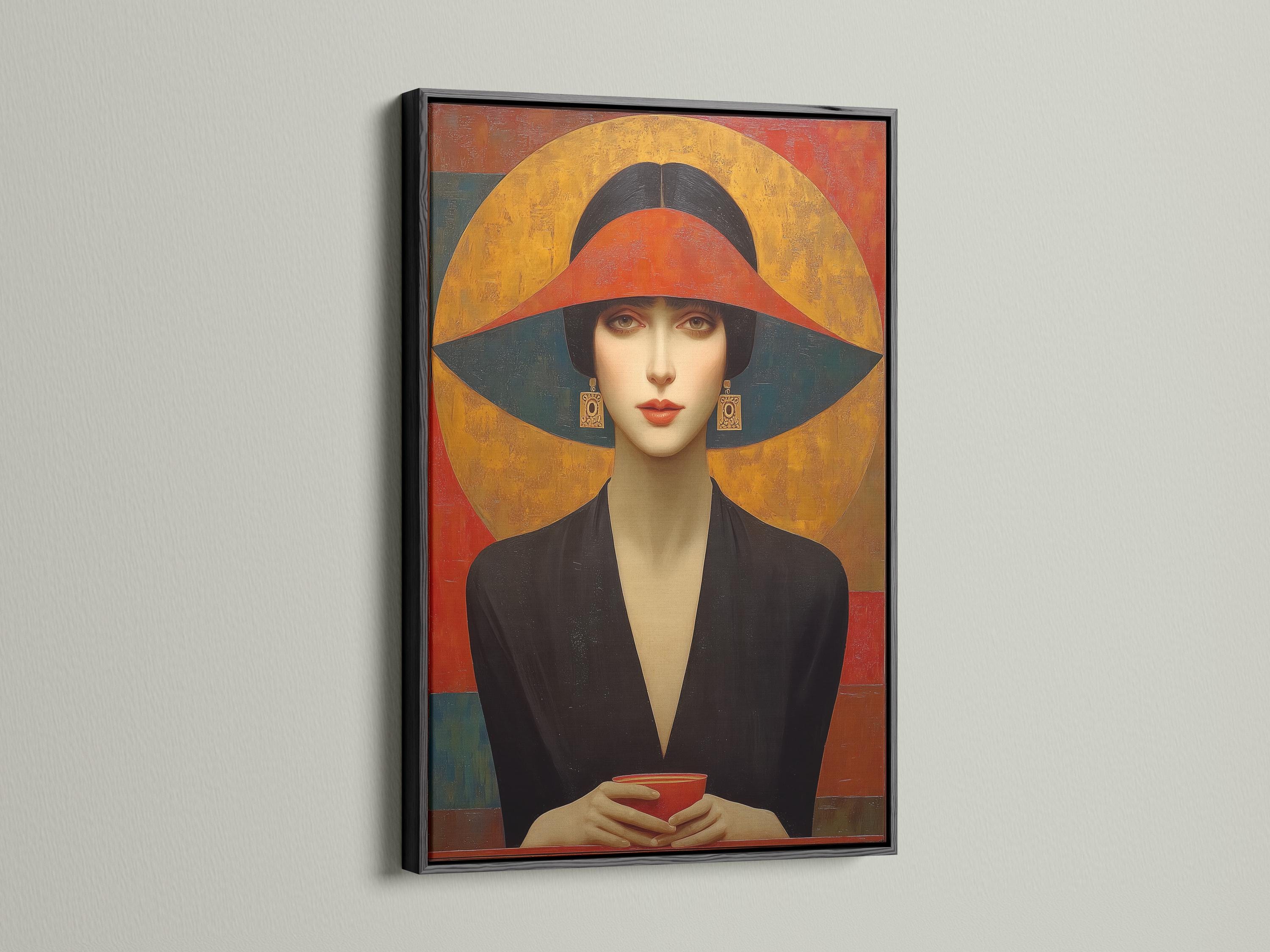 Stylised woman portrait in a dark hat with Art Deco geometric shapes in gold, red and black detail view
