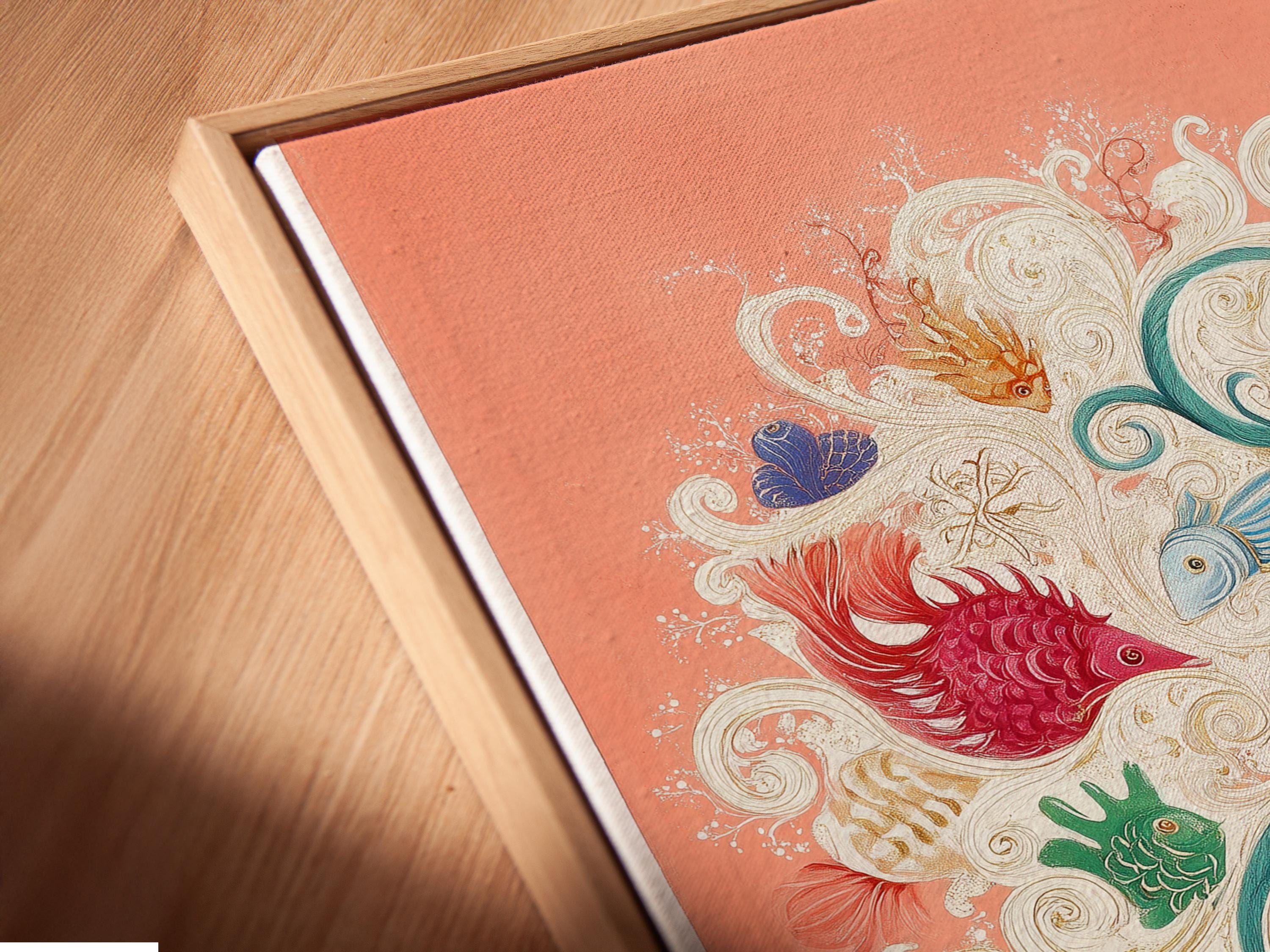 Peach fantasy coral tree with teal ocean waves and illustrated fish, shells and swirls detail view