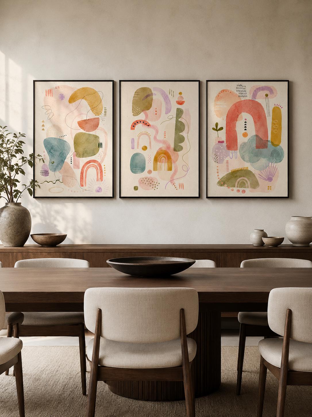 Three pastel abstract panels show organic geometric shapes, doodle-like lines and dots arranged in collage-style compositions within light cream