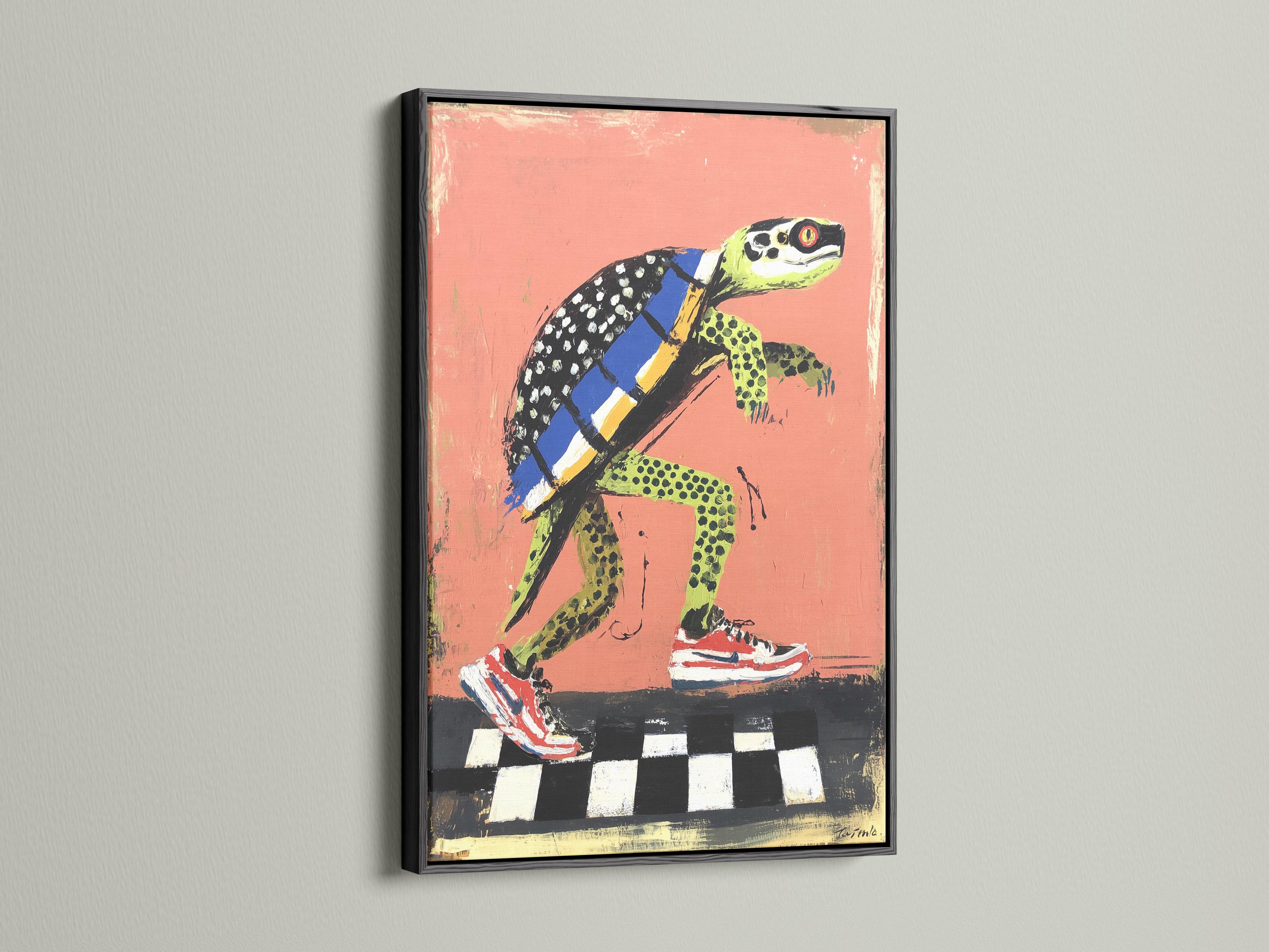 Cartoon turtle skateboarding on a black and white checkered ground against a coral background detail view