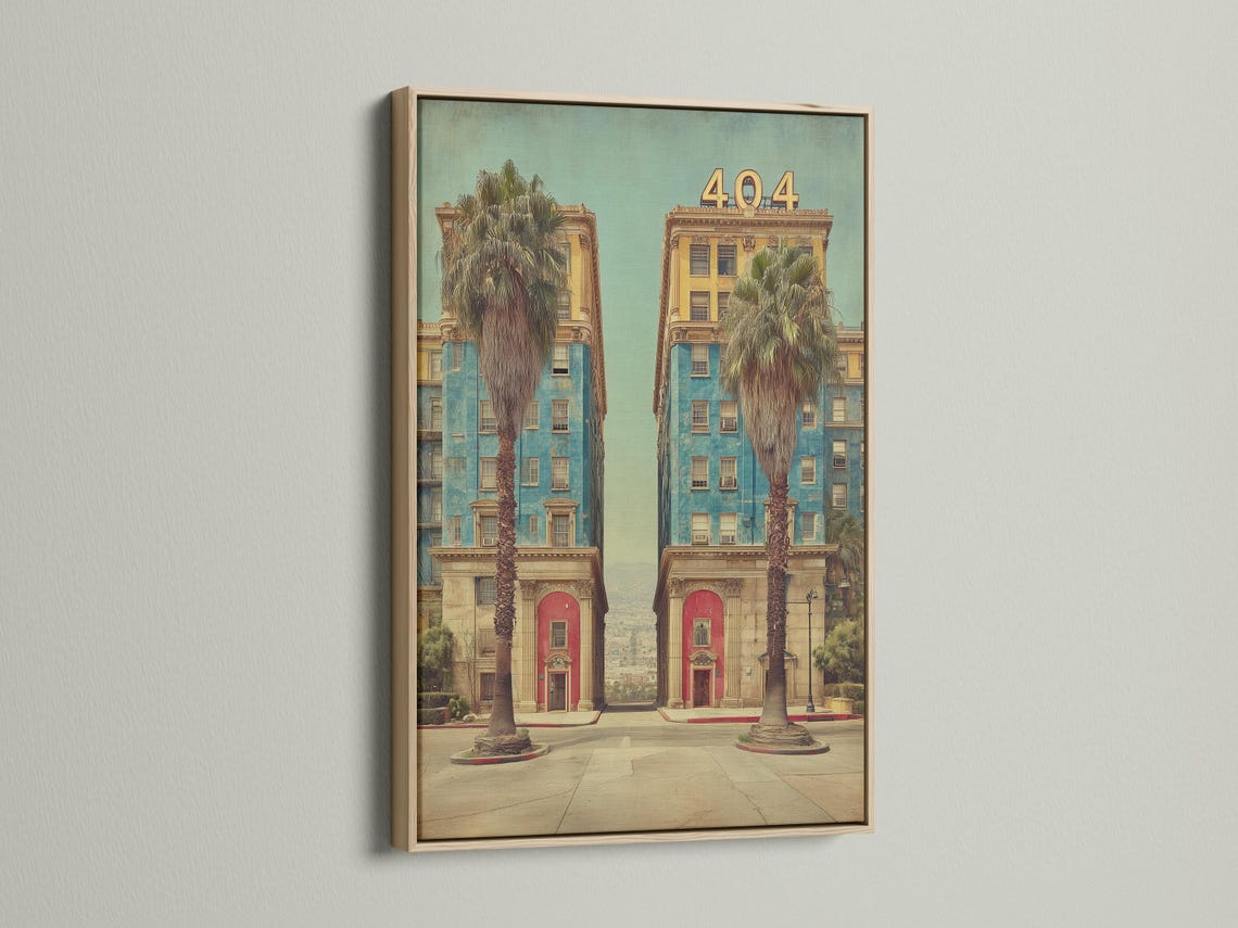 Retro hotel architecture scene with palm trees and large “404” numbers detail view