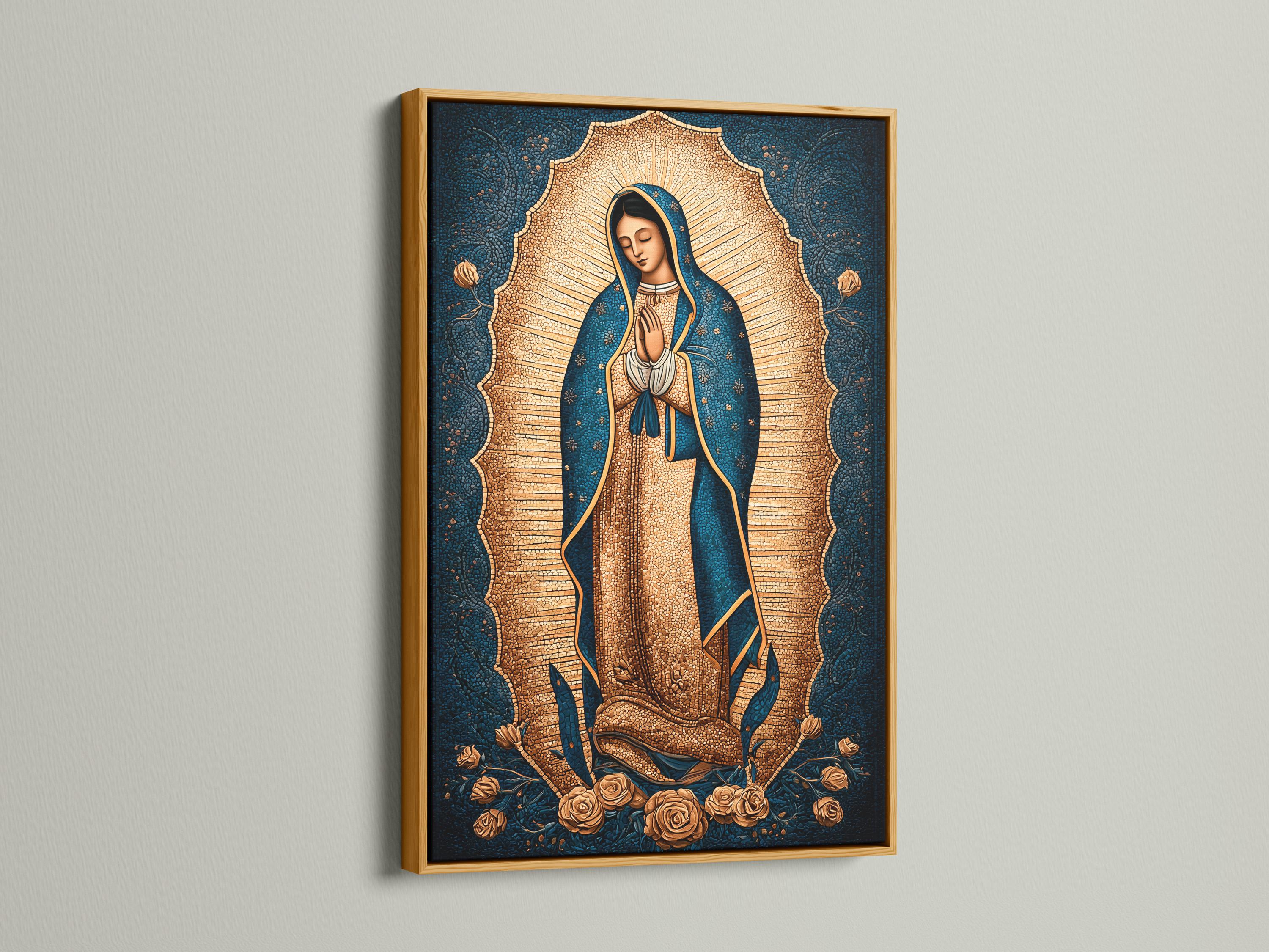 Hooded praying female figure with gold halo rays and roses on a blue textured background detail view