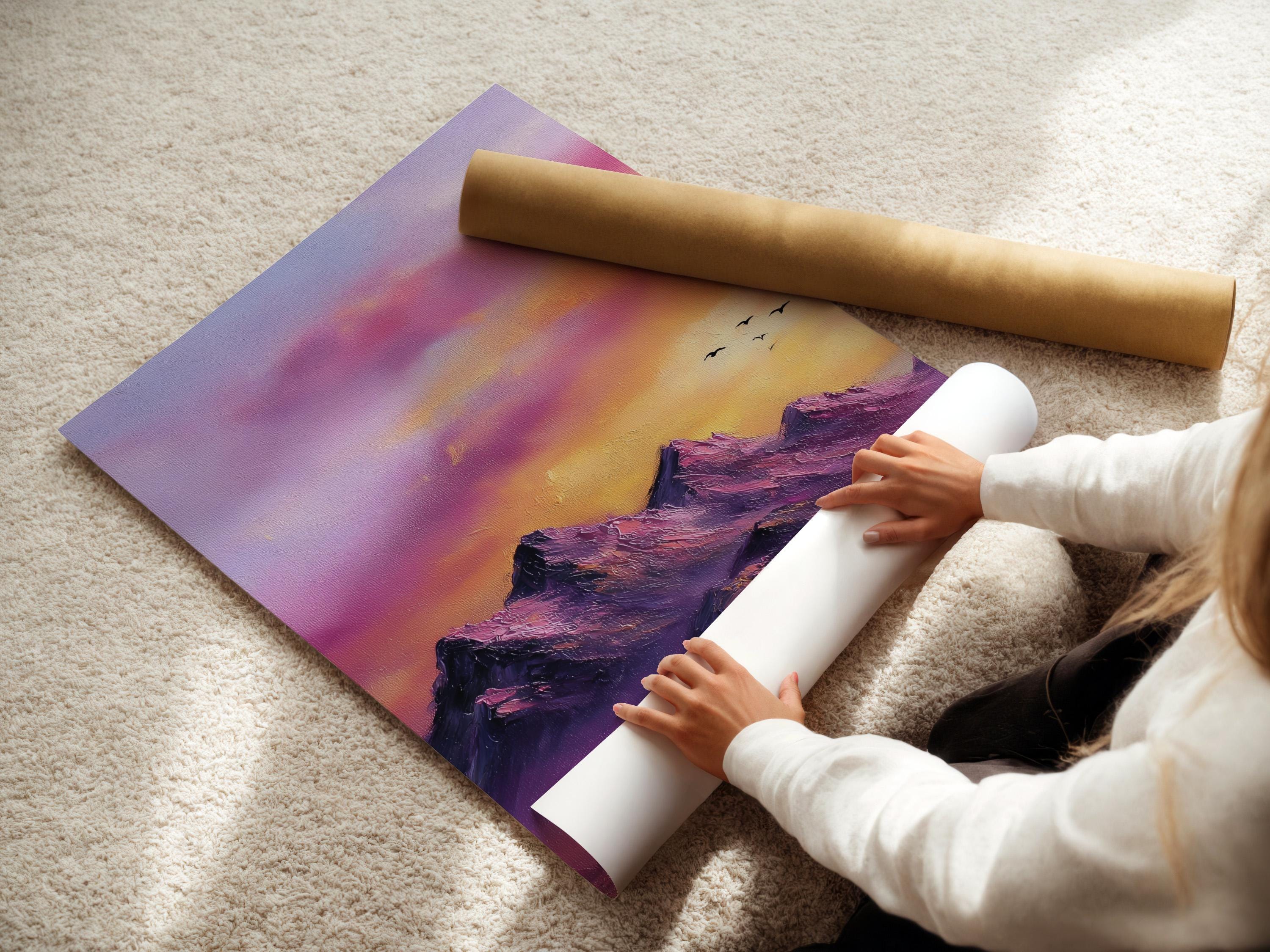 Purple and pink mountain sunset landscape with small birds in flight detail view