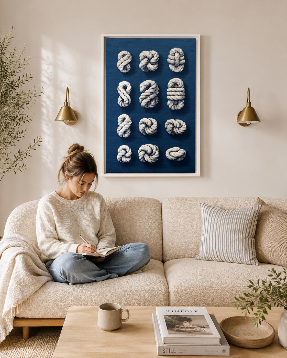 Nine white rope knots arranged on a navy blue background detail view