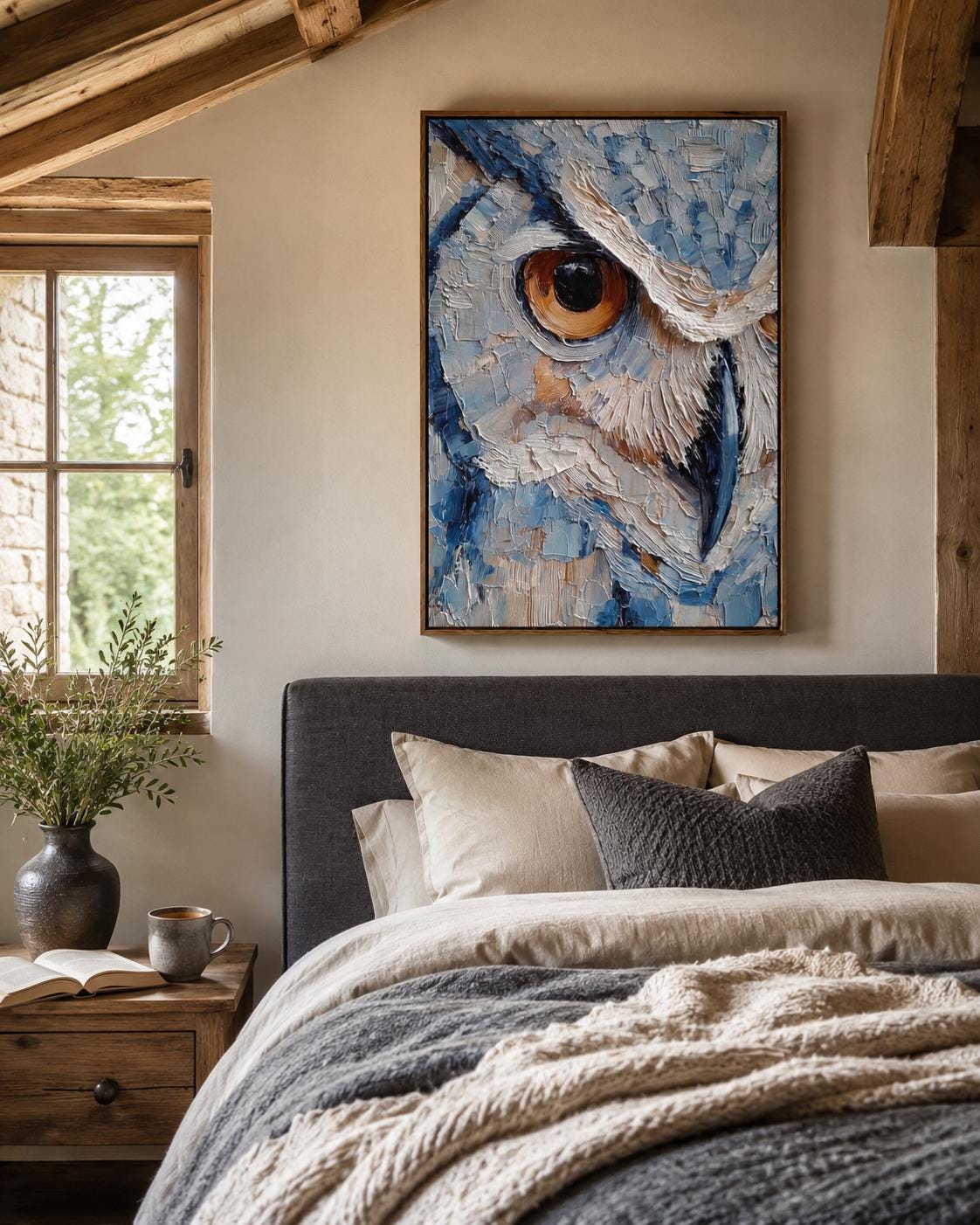 Room scene with a framed blue owl painting above a desk where a person writes in a book