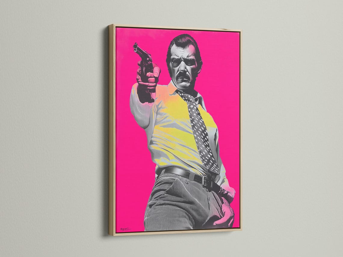 Hot-pink pop-art portrait of a man holding a handgun in black-and-white halftone style detail view