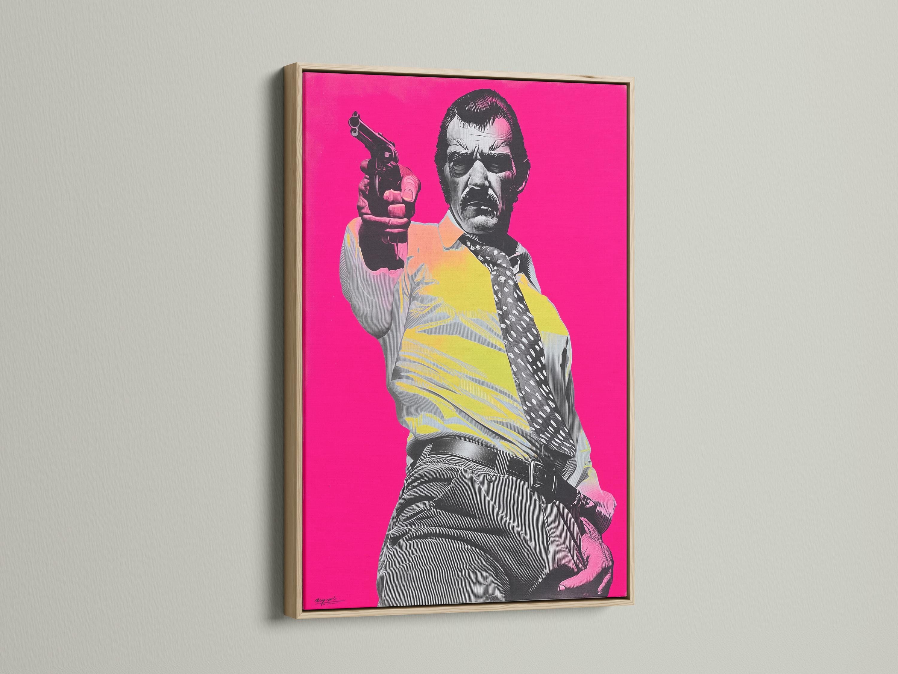 Hot-pink pop-art portrait of a man holding a handgun in black-and-white halftone style detail view