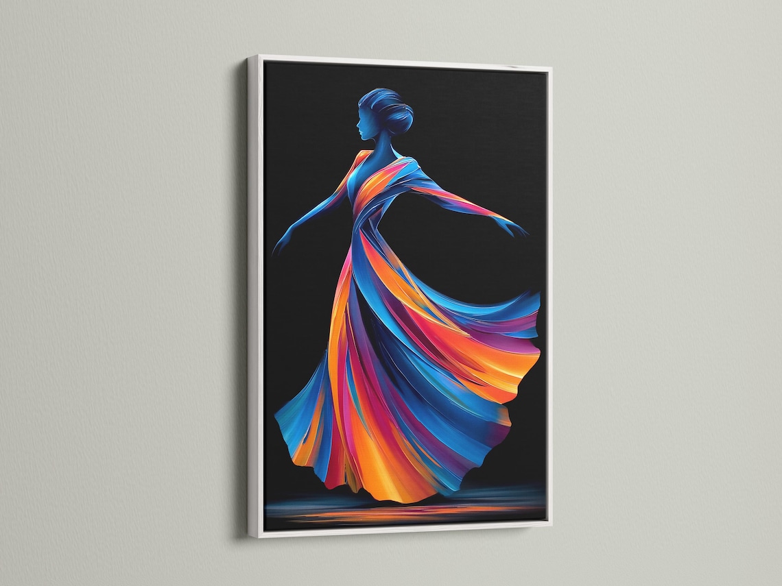 Wall mockup showing a framed abstract woman profile artwork with rainbow ribbon hair