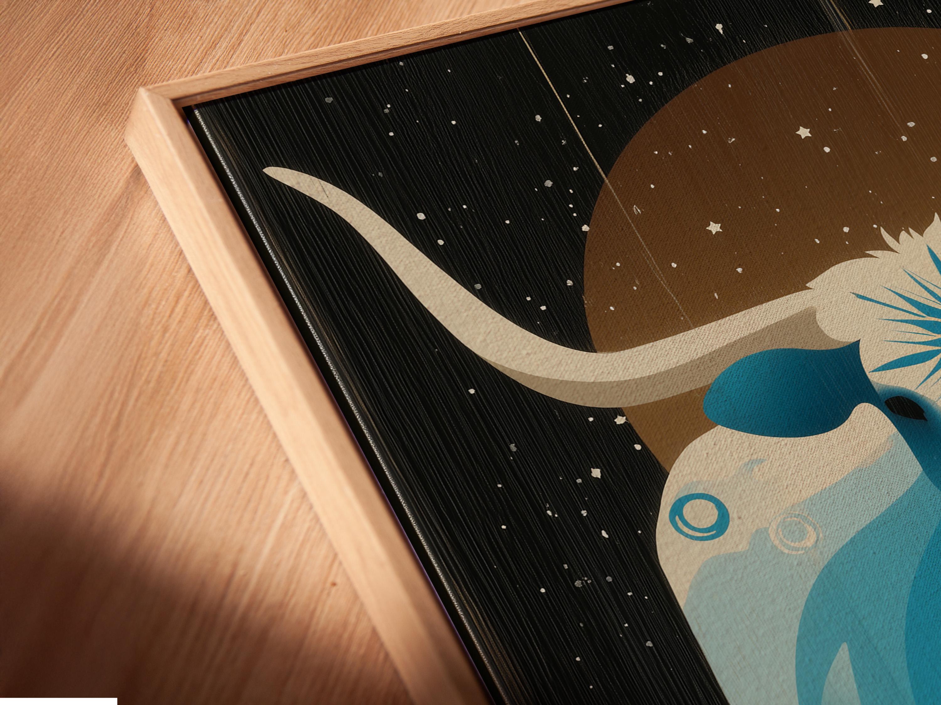 Artwork shown framed on a wall with several frame colour options nearby