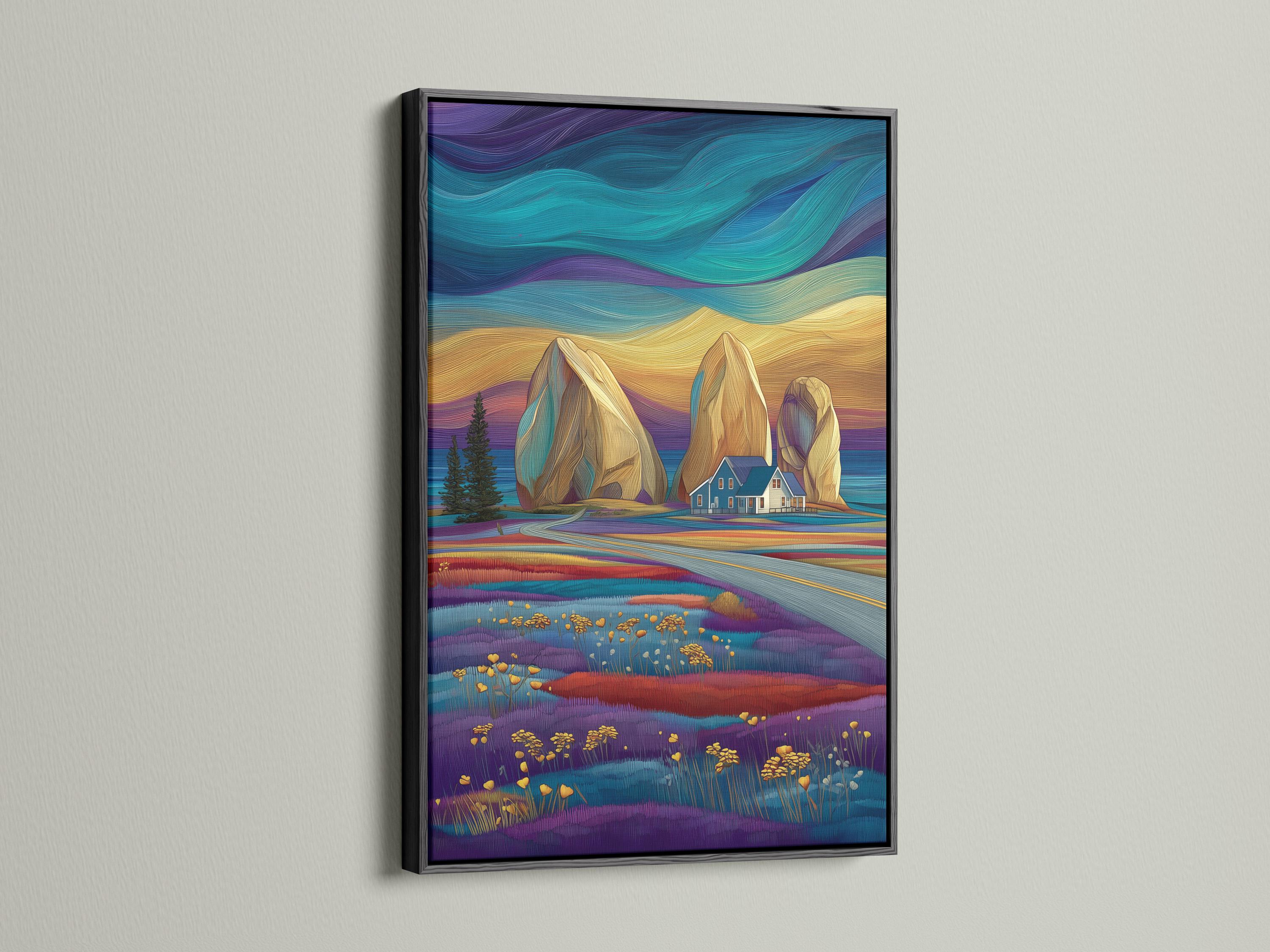 Teal and gold stylised mountain landscape with purple fields, a small house and scattered golden flower heads detail view