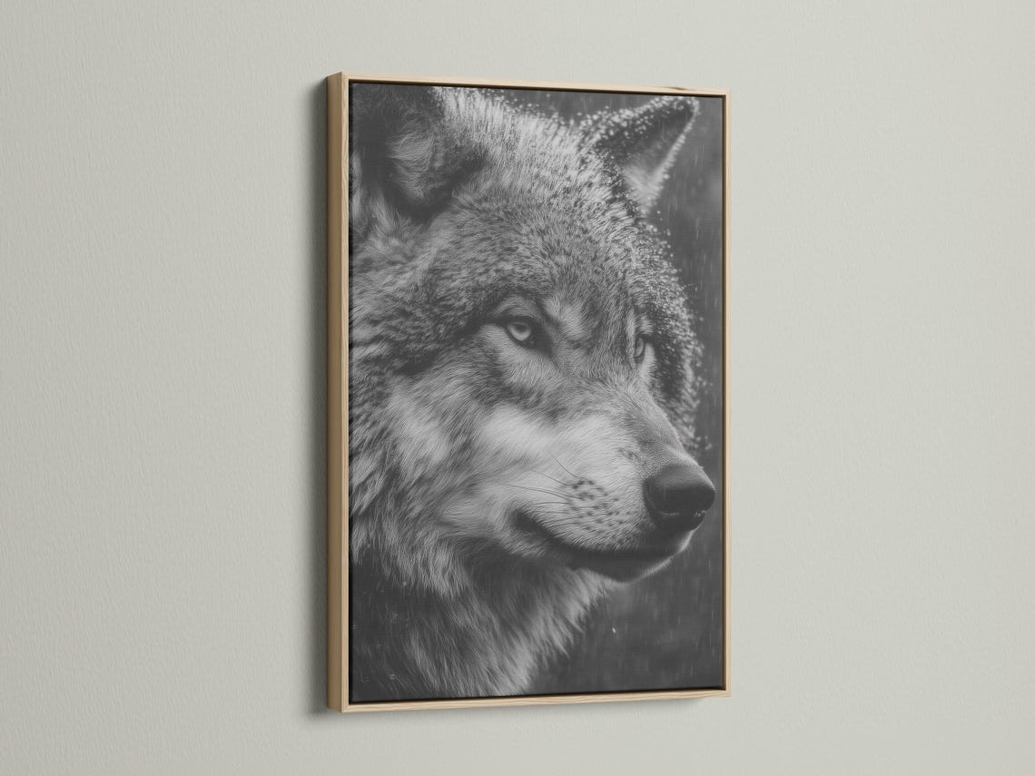 Monochrome wolf portrait artwork with detailed grayscale fur and a dark smoky background detail view