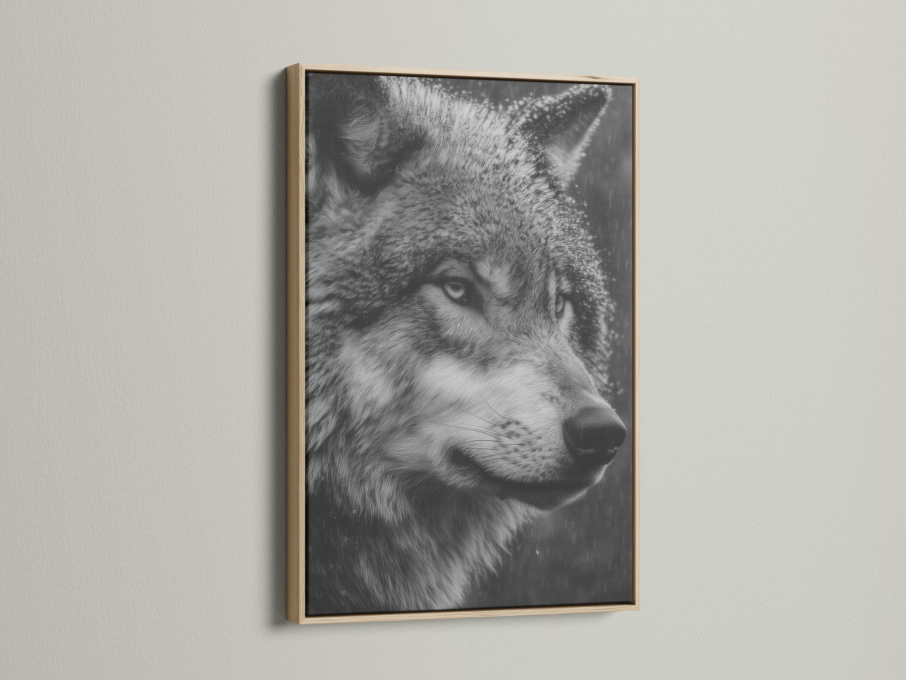 Monochrome wolf portrait artwork with detailed grayscale fur and a dark smoky background detail view