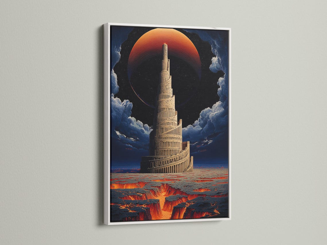 Surreal tall tower artwork with a red-orange sun, clouds, and a lava-like landscape detail view