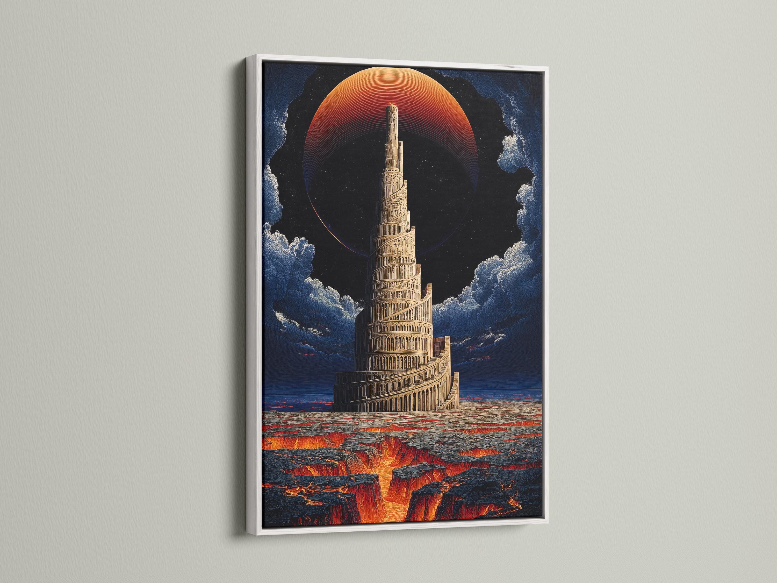 Surreal tall tower artwork with a red-orange sun, clouds, and a lava-like landscape detail view