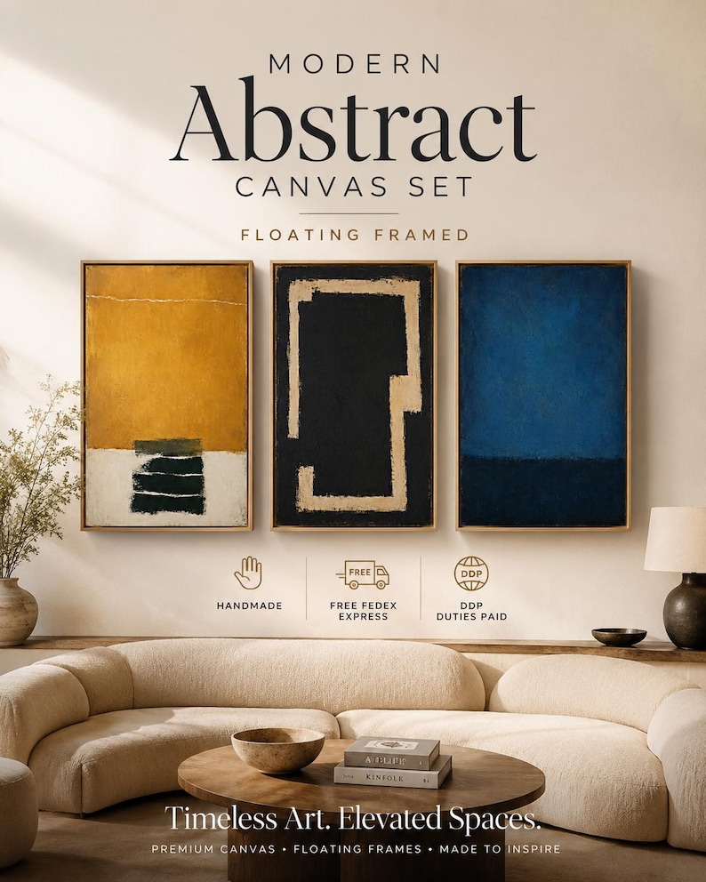 Three-panel abstract colour field triptych with deep blue, mustard ochre and near-black textures