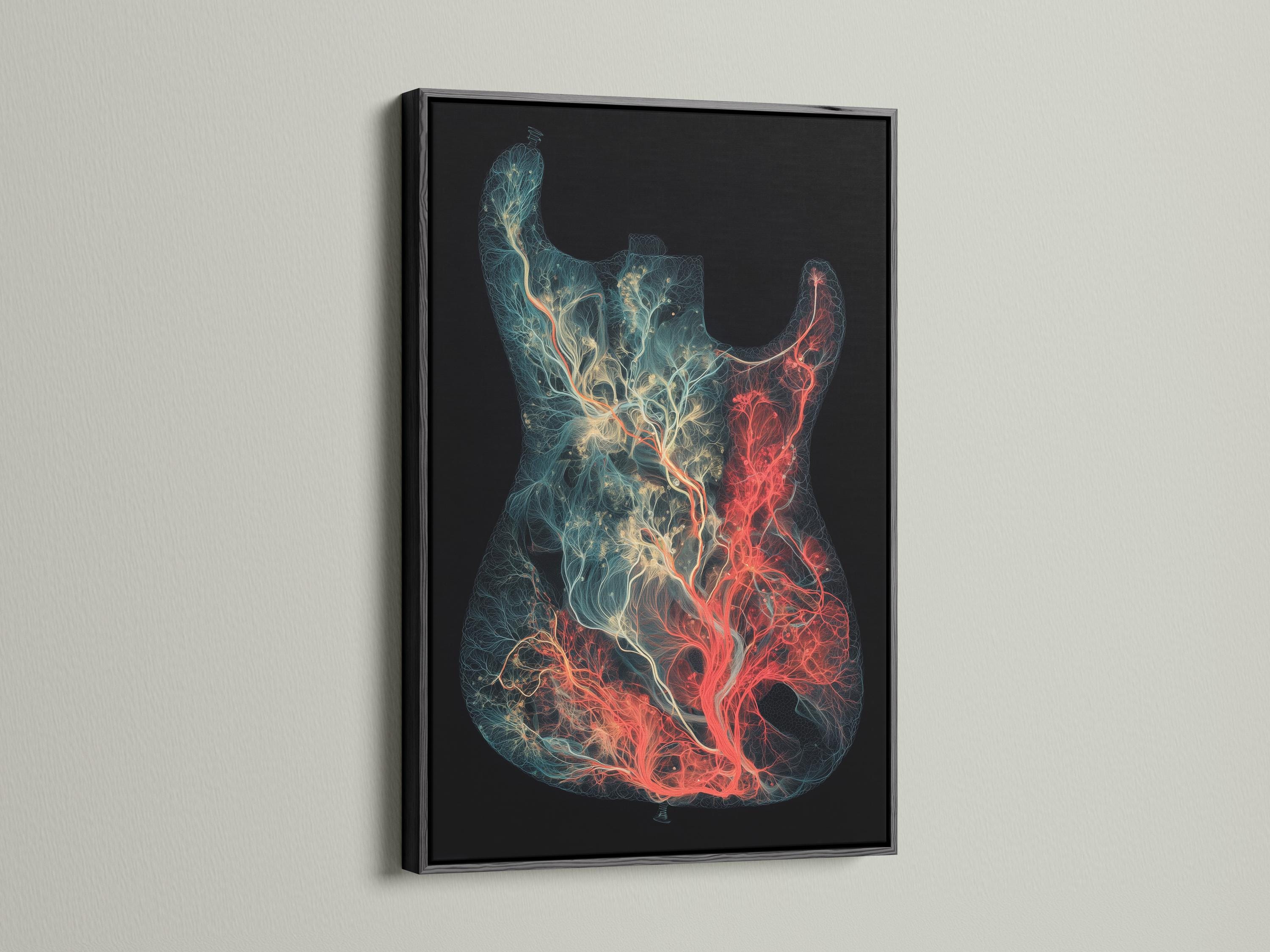 Electric guitar silhouette filled with glowing teal and red branching linework on a dark background detail view