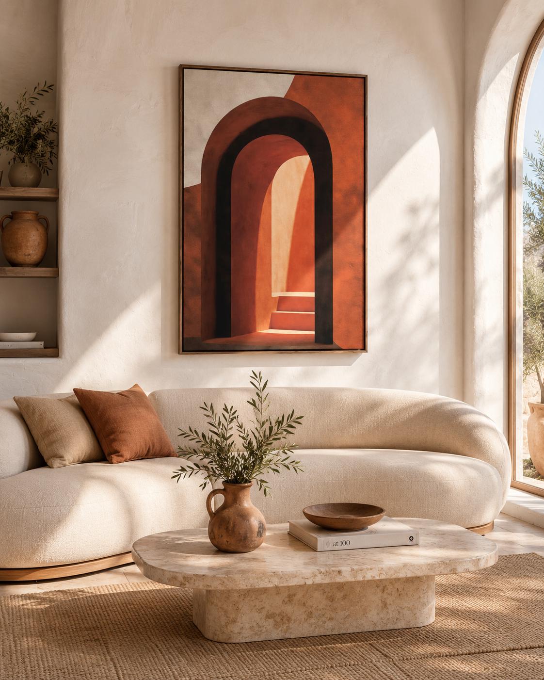 Woman holding a mug standing beside an abstract arch wall artwork in warm terracotta tones