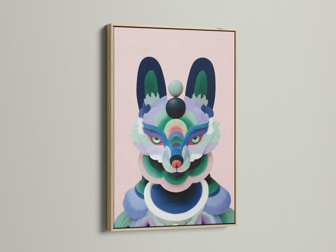 Stylised pastel fox portrait with layered geometric fur shapes on a pink background detail view