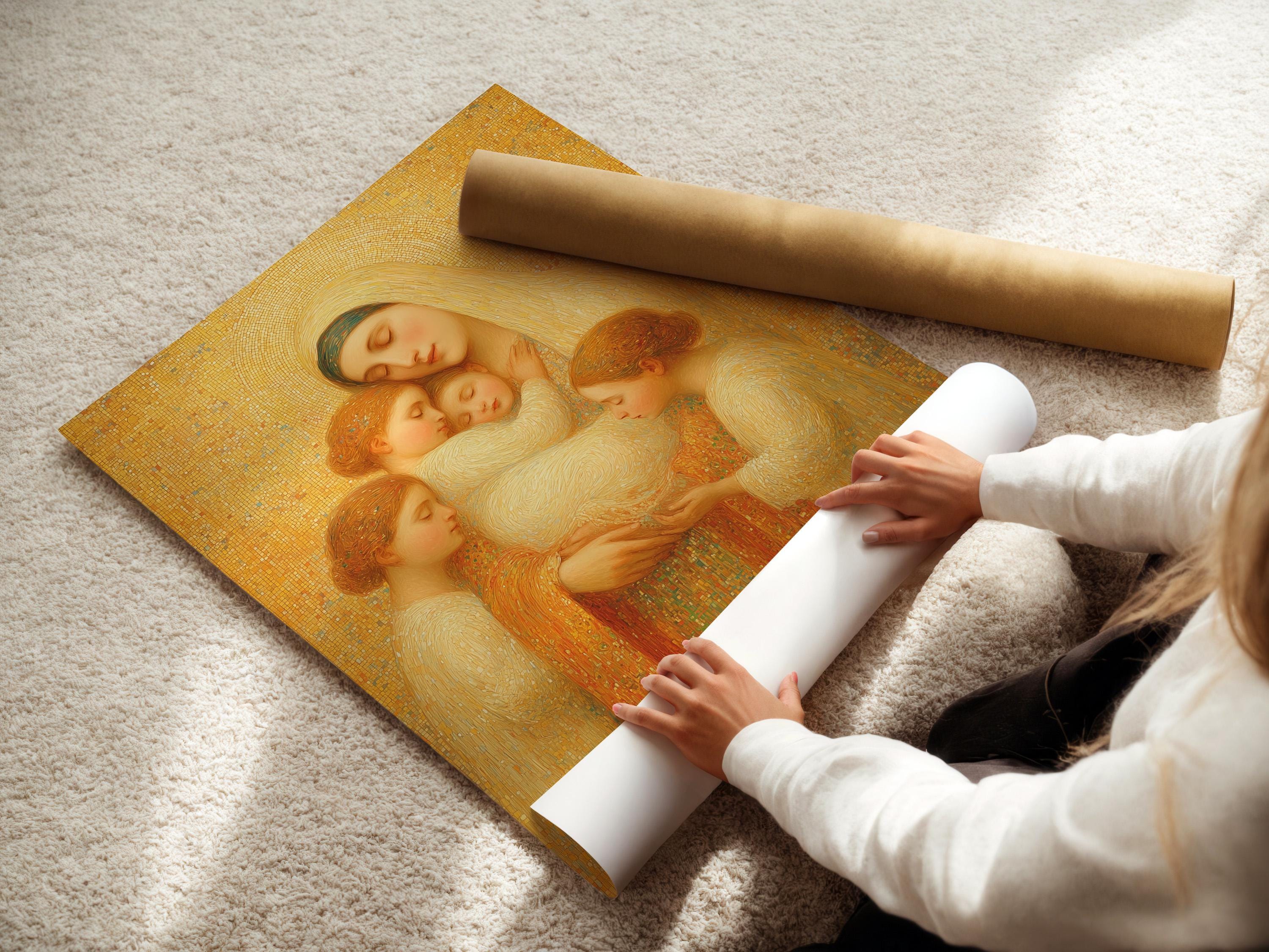 Gold religious portrait of a haloed mother holding children against a mosaic background detail view