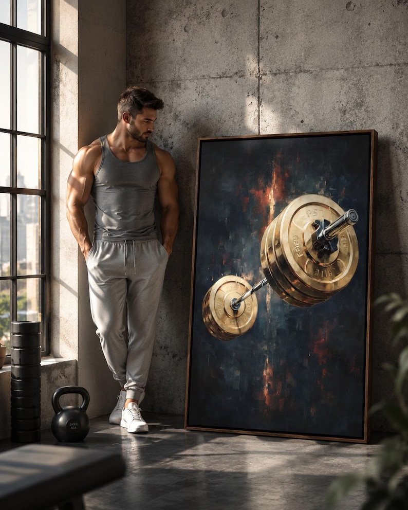 Gold barbell with weight plates on a dark blue, distressed background with warm orange-red streaks