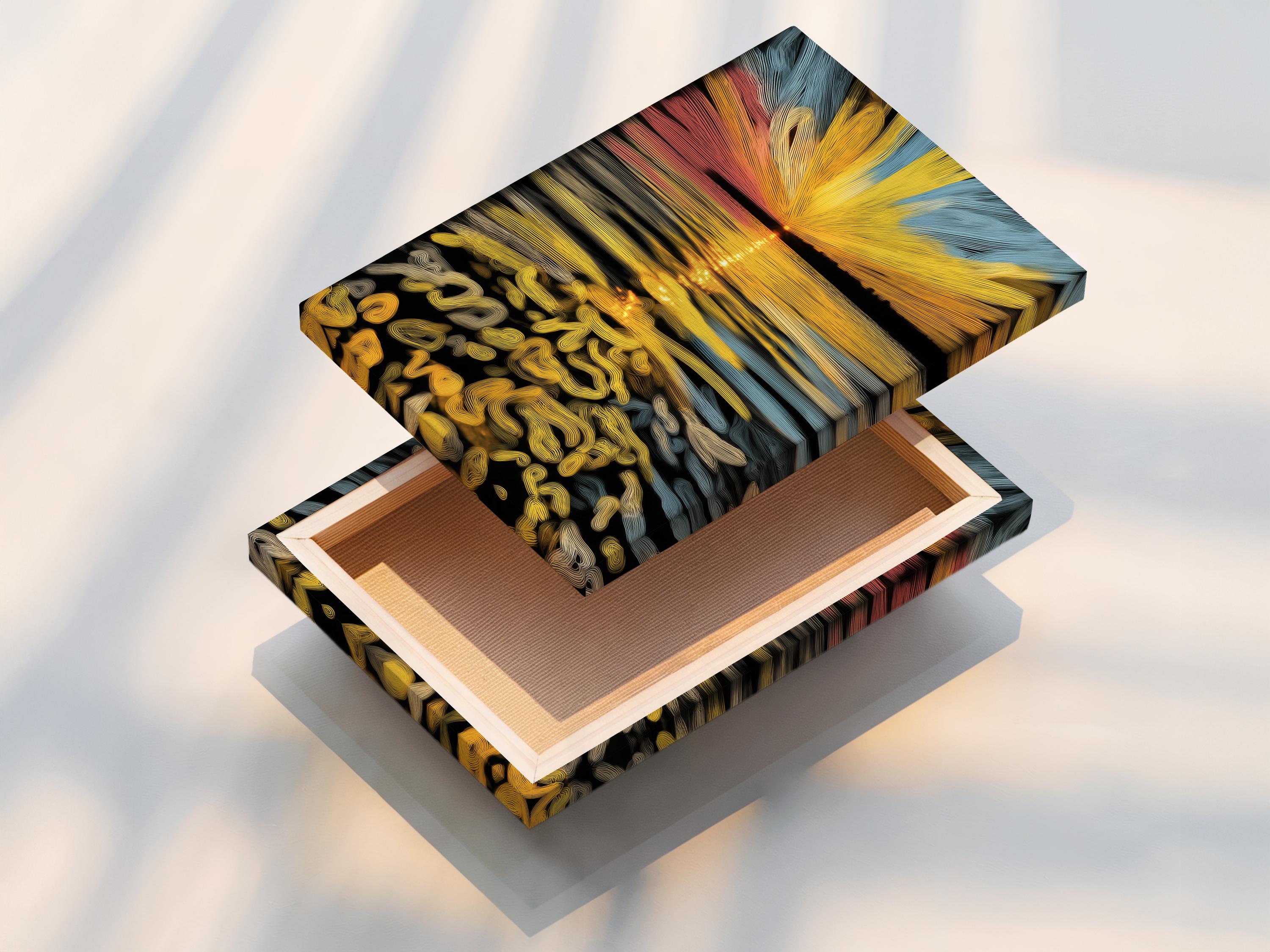 Abstract sunrise seascape with a golden sunburst over blue and peach horizon and shimmering wave reflections detail view