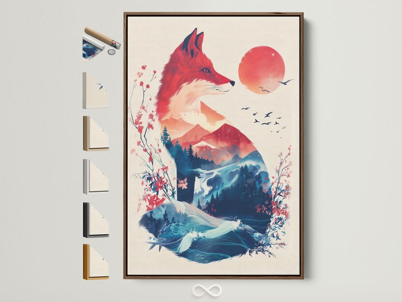 A stylised red fox faces right above layered blue mountains, with pink blossoms, a large orange sun and small birds in flight