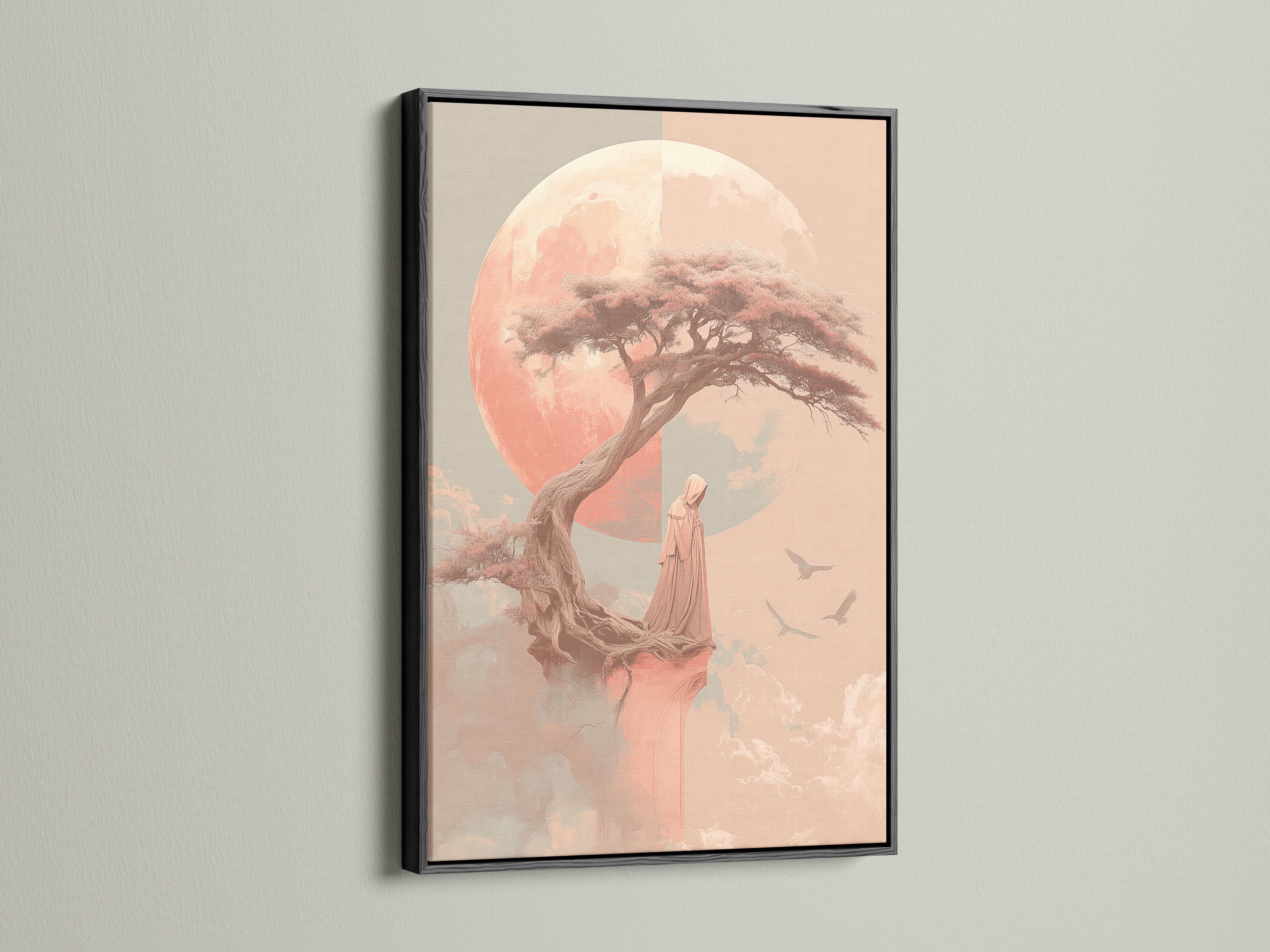 Coral pink moonlit tree with a robed figure and birds in flight detail view