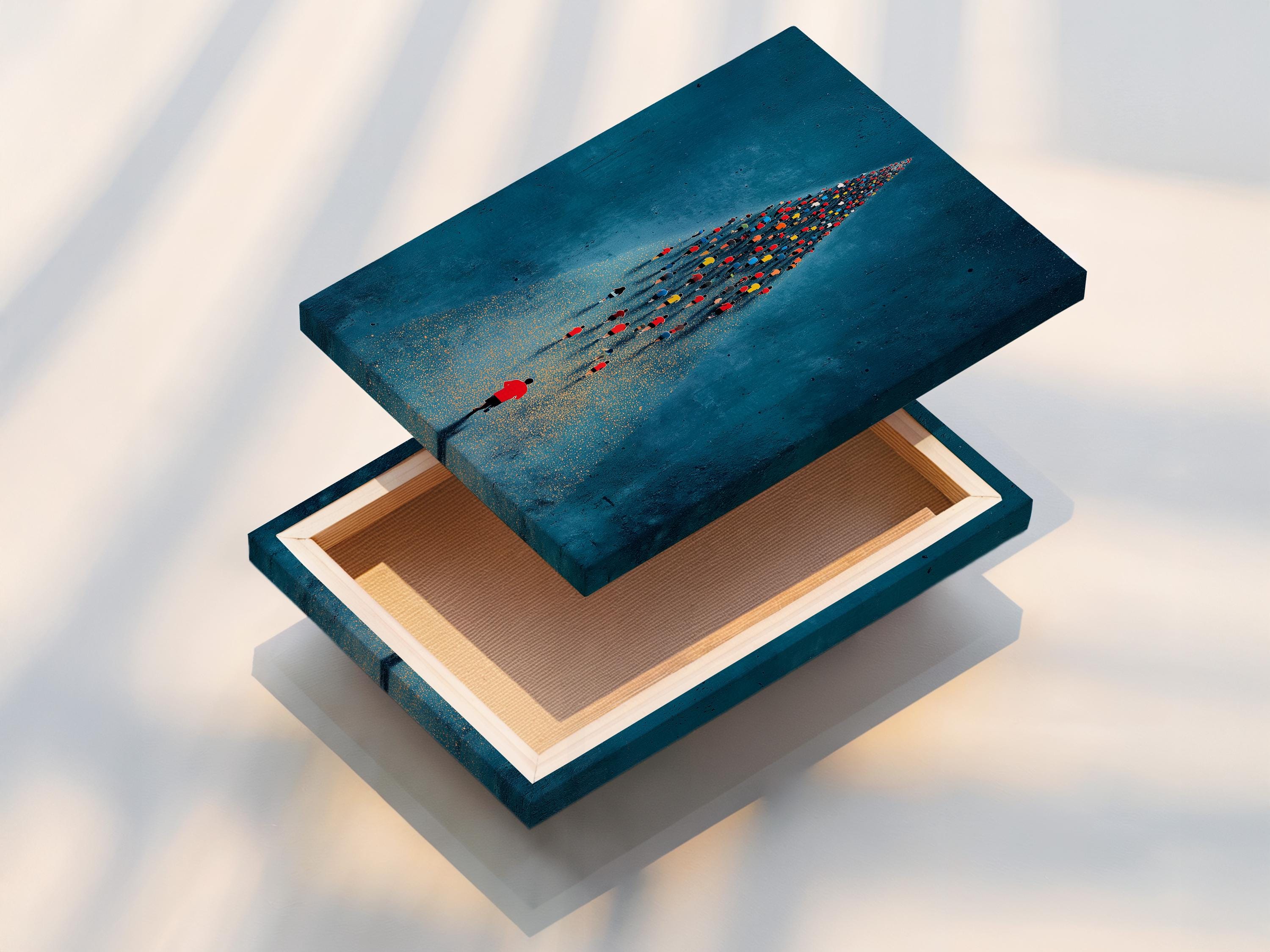 Teal-blue running crowd scene with a lone red-shirt runner and gold speckled path detail view