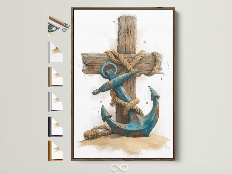 A distressed nautical illustration shows a large rope-wrapped wooden cross/anchor shape with a coiled blue rope motif and seabed tones against a pale