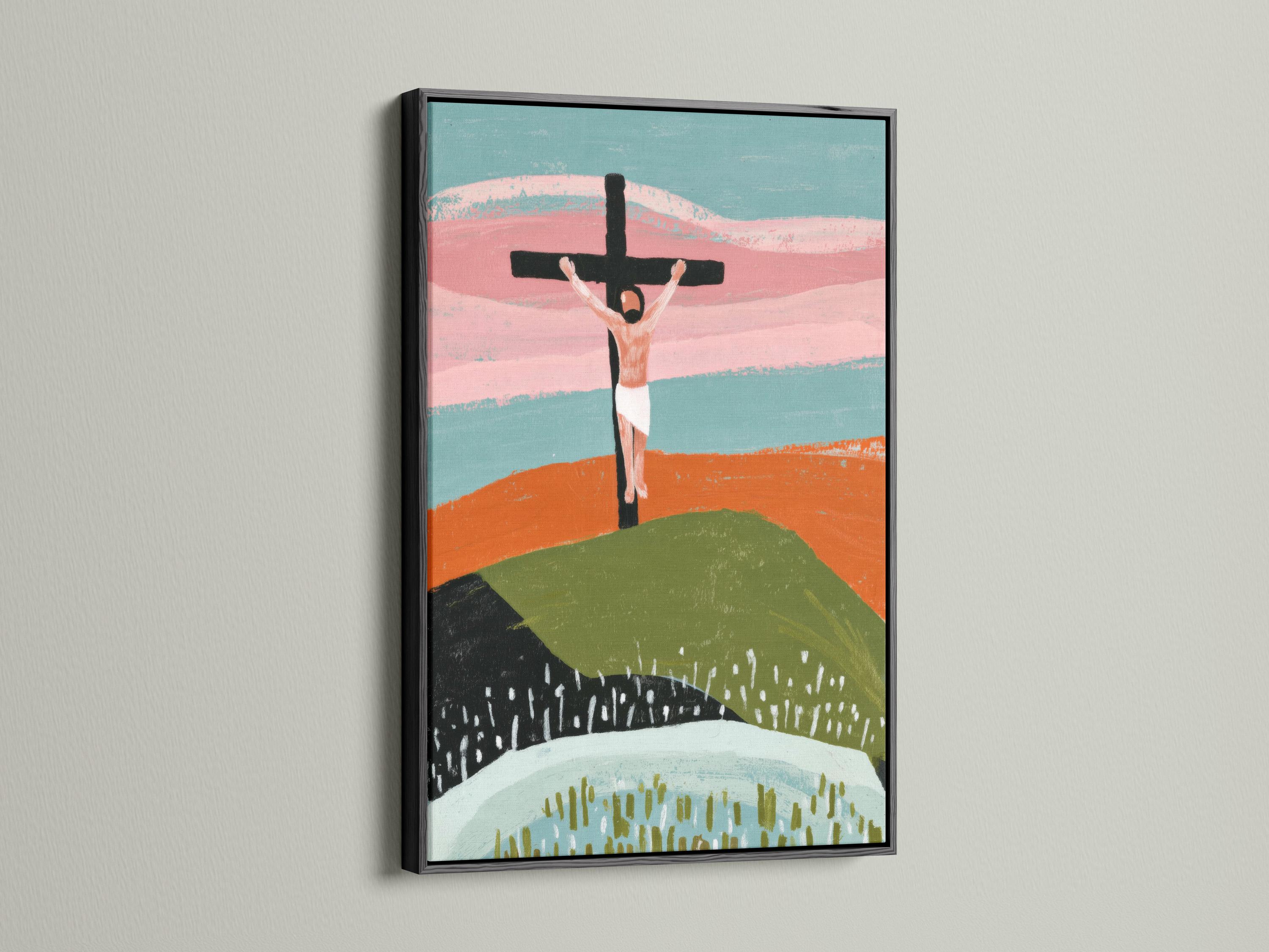 Stylised cross with outstretched figure above layered hills in dusty pink, teal and green detail view