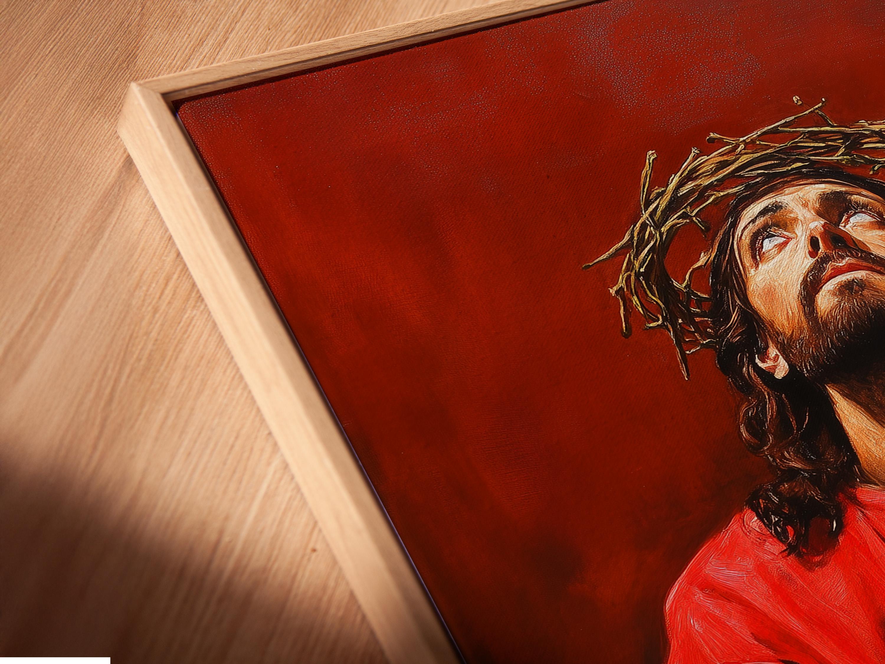 Painterly portrait of Jesus with a crown of thorns, red robe, and praying hands against a dark red-brown background detail view