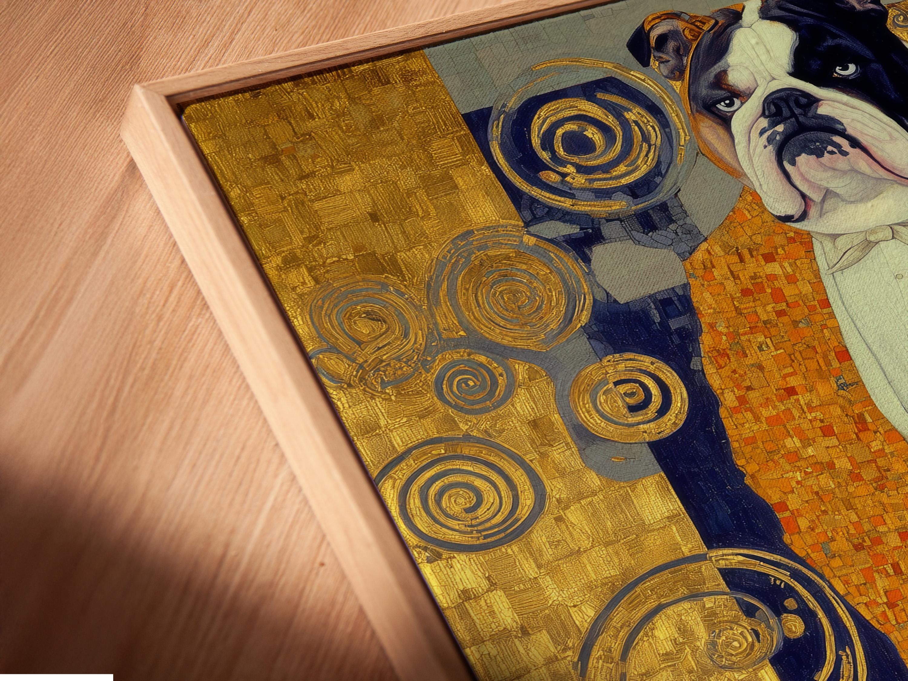 Stylised bulldog portrait with gold ornamental swirls and mosaic-like background in blue and warm reds detail view