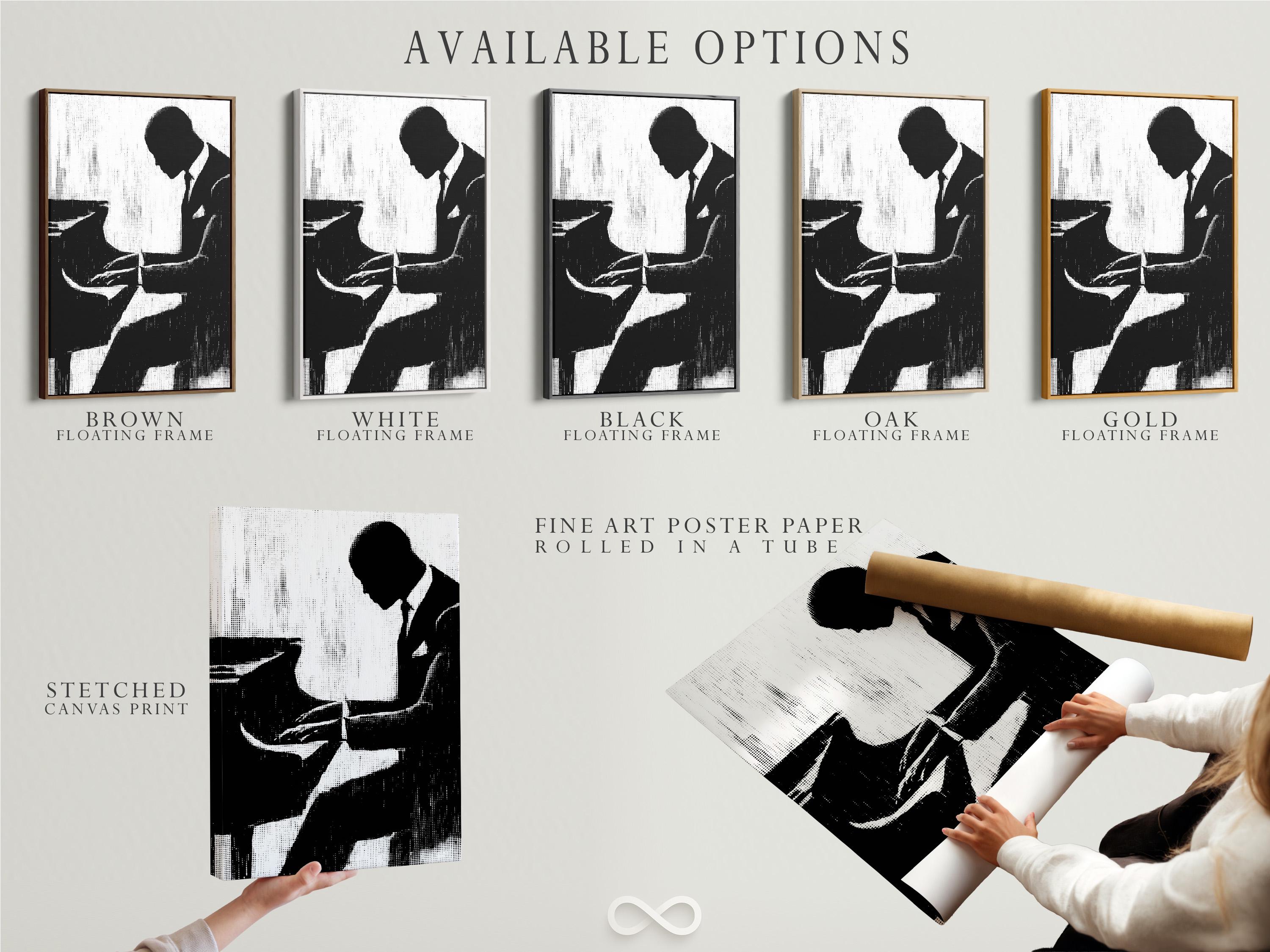 Black-and-white musician silhouette framed artwork on a wall mockup