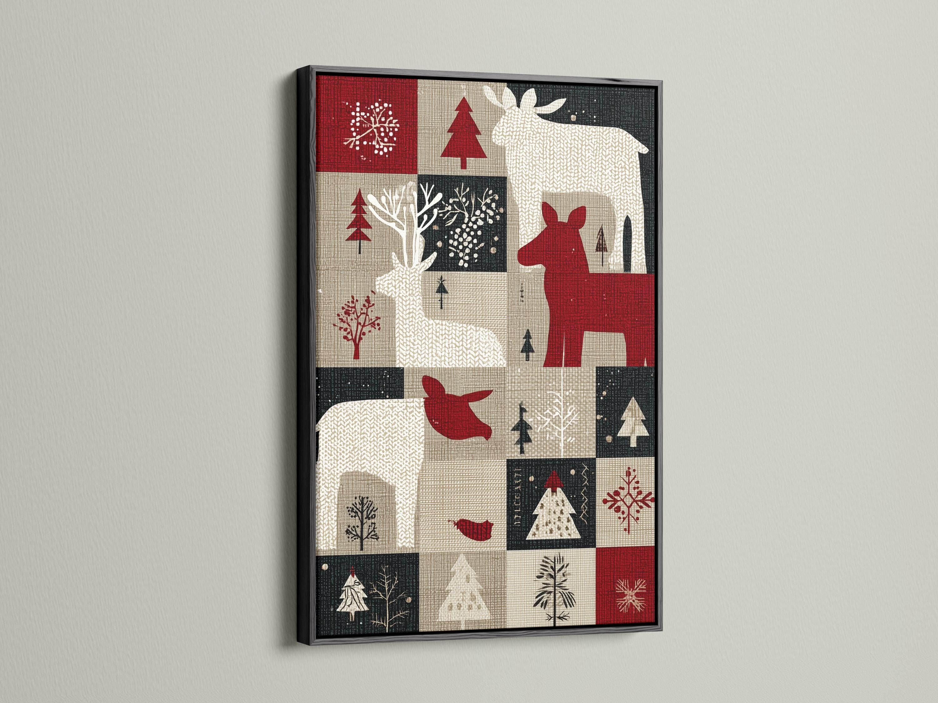Deep red deer silhouette in a patchwork winter design with trees and snowflake motifs detail view