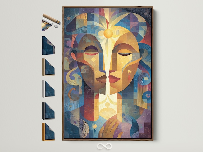 Geometric abstract face artwork in indigo, teal and gold with a bright sun-like centre