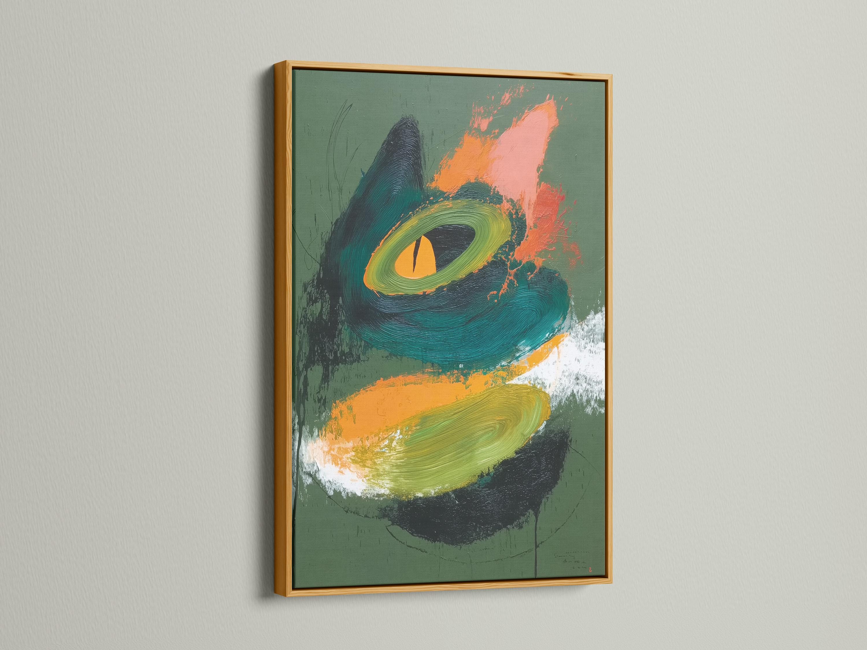 Abstract cat face artwork with green background, teal swirls and orange highlight detail view