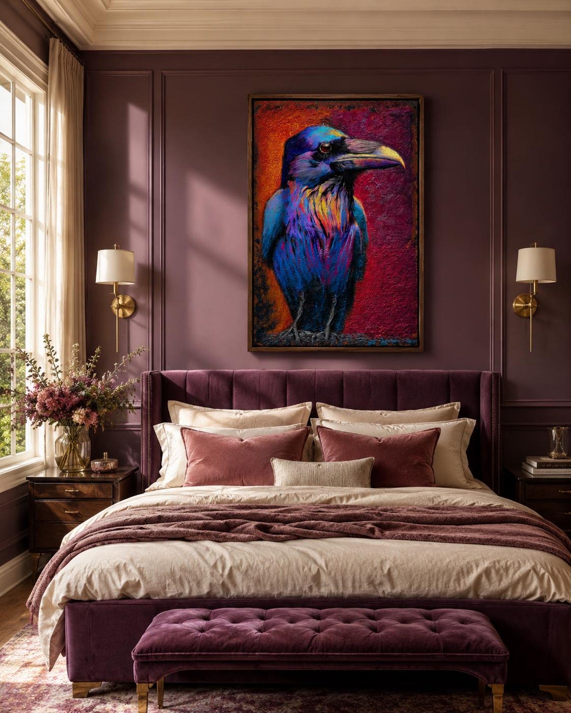 A raven portrait artwork displayed in a barbershop setting