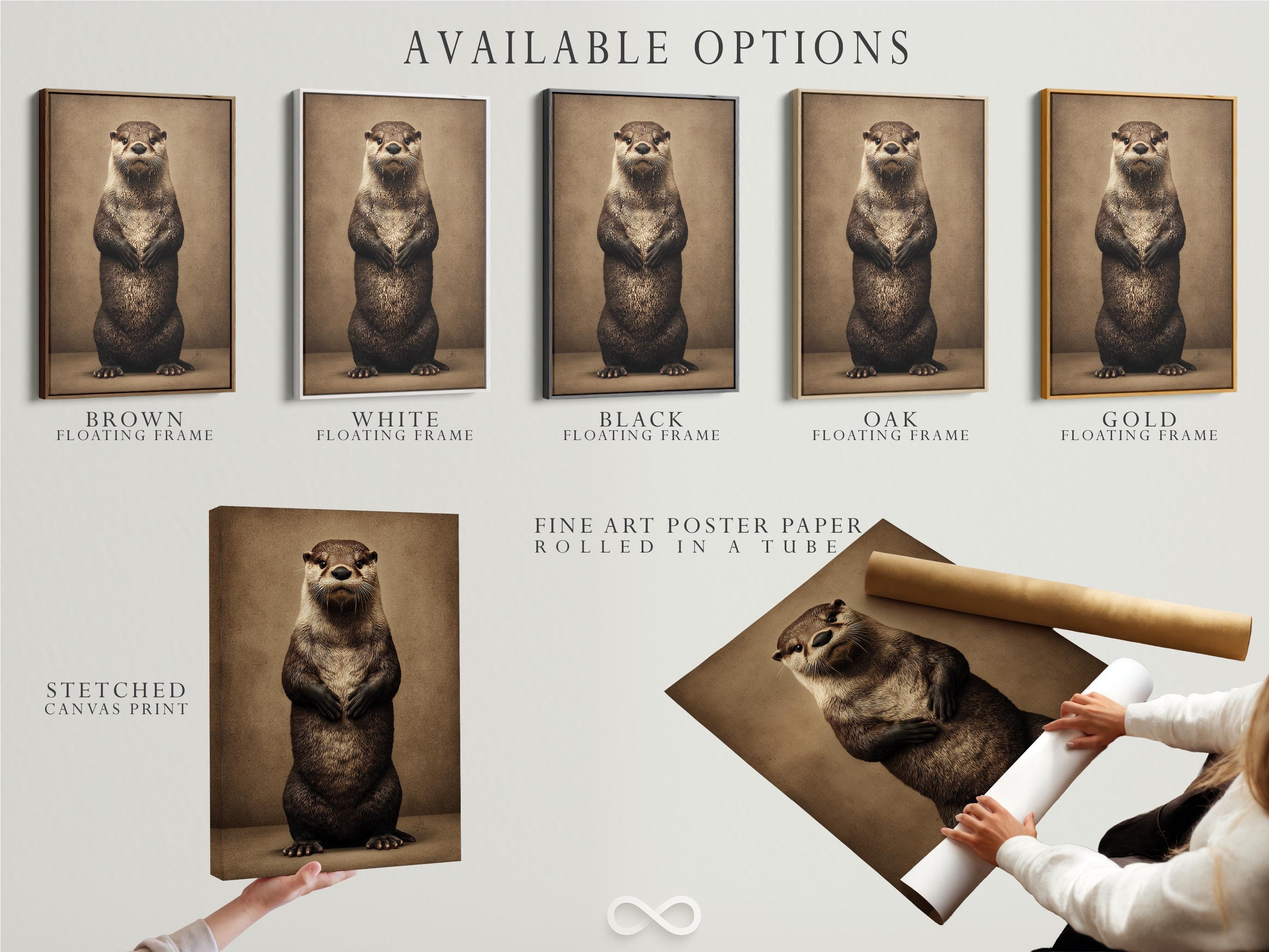 Stylised otter standing upright on a textured taupe background detail view