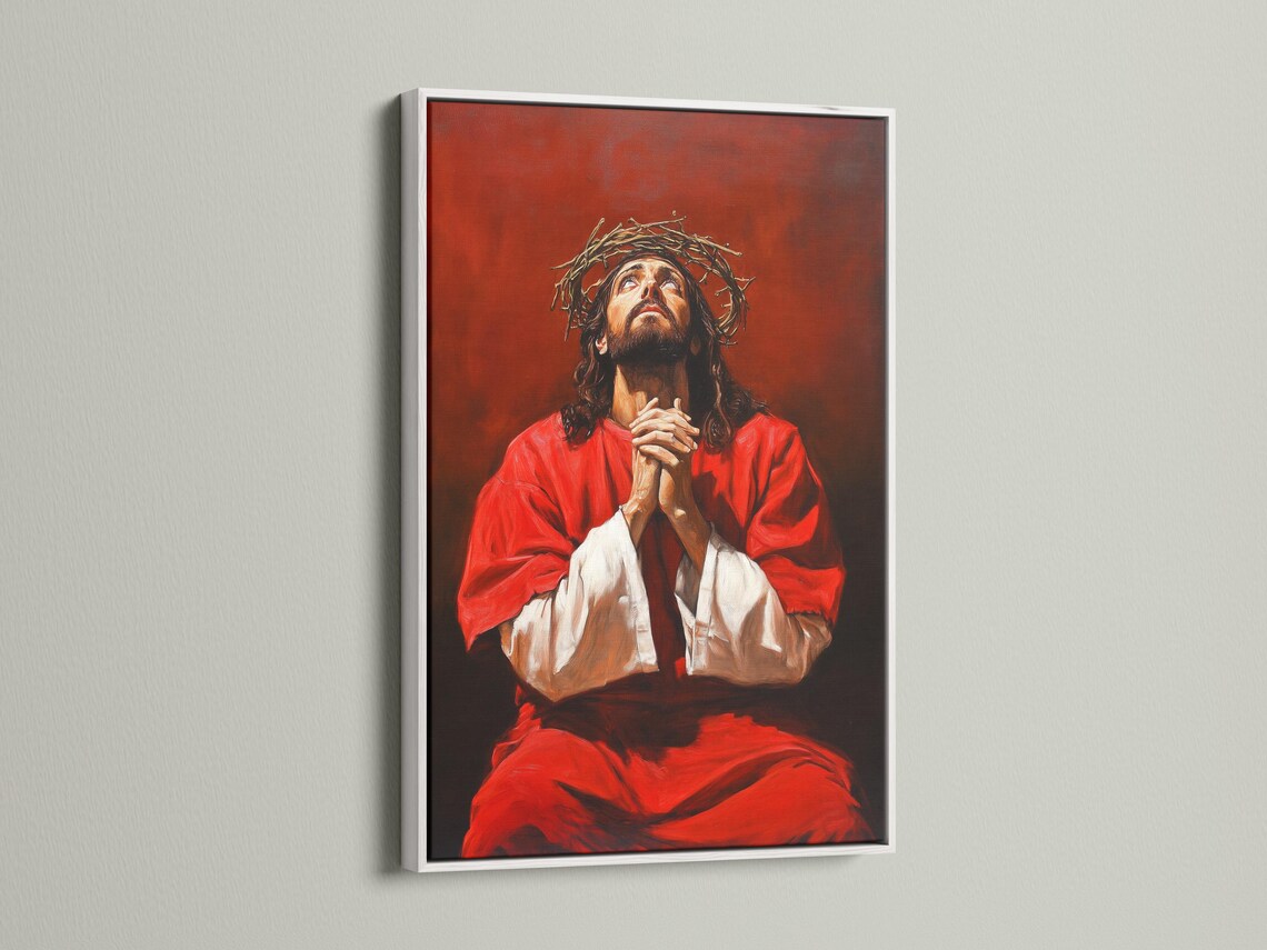 Painterly portrait of Jesus with a crown of thorns, red robe, and praying hands against a dark red-brown background detail view