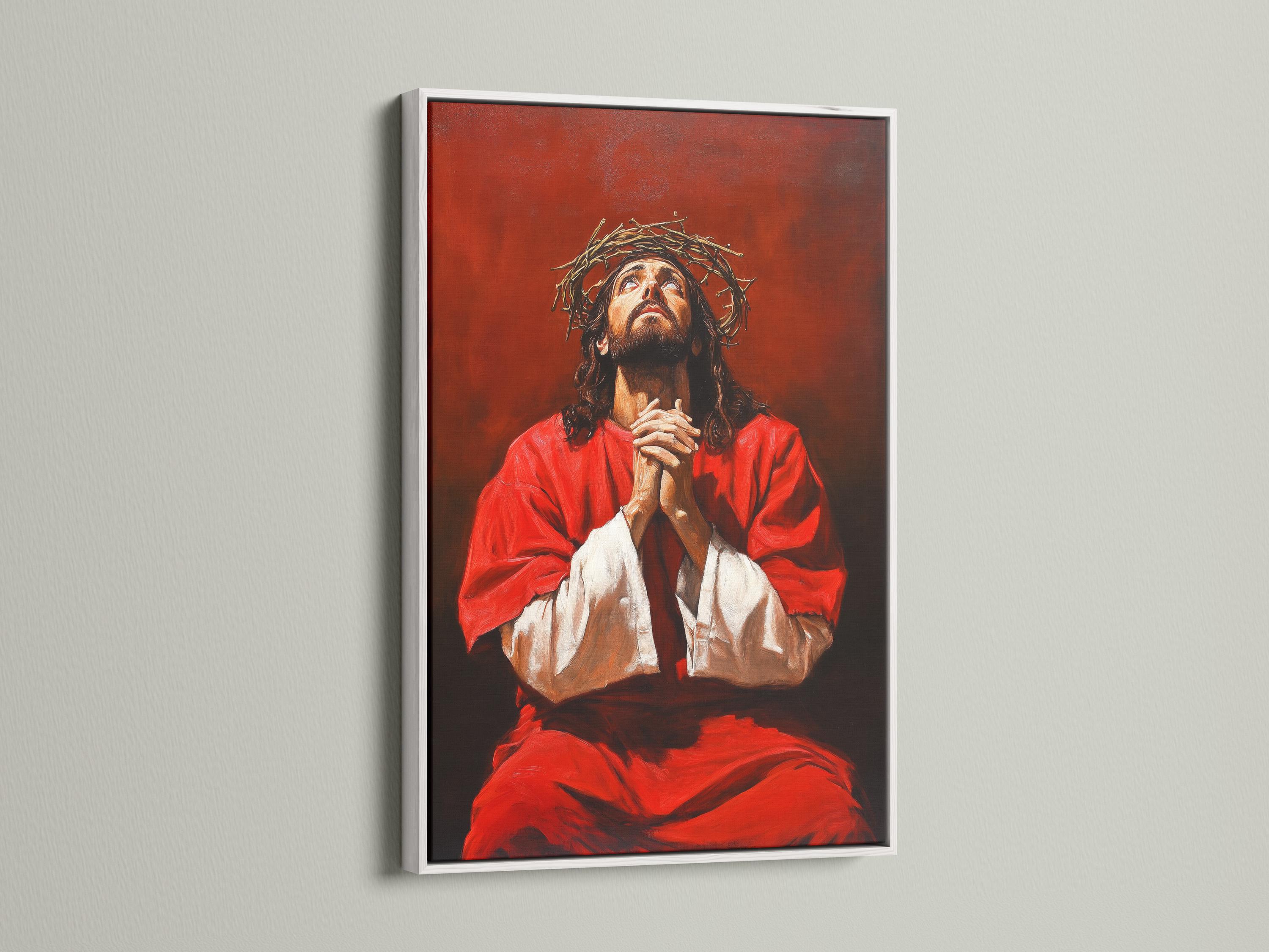 Painterly portrait of Jesus with a crown of thorns, red robe, and praying hands against a dark red-brown background detail view