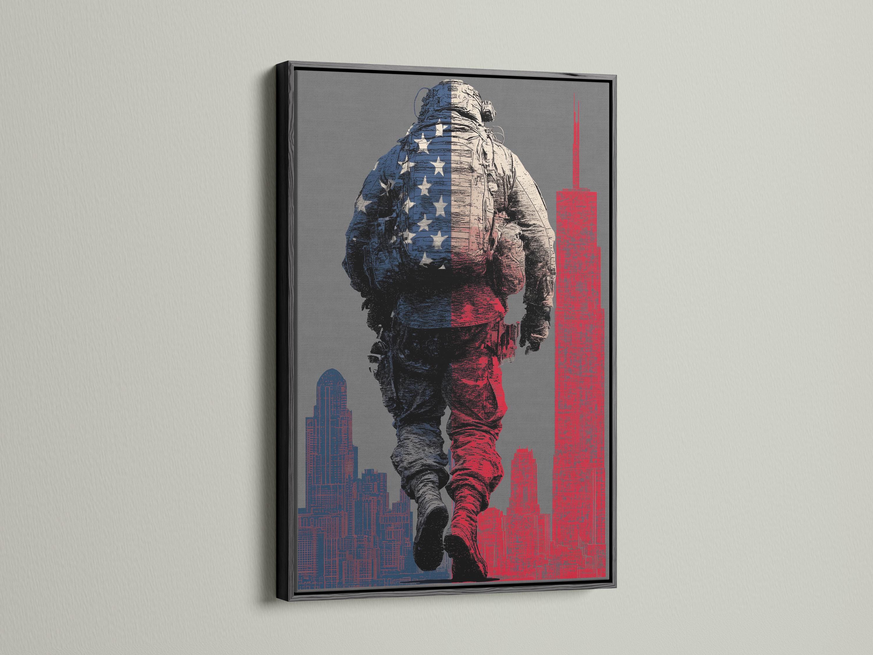Distressed soldier illustration with blue star patchwork and red-and-navy city skyline detail view