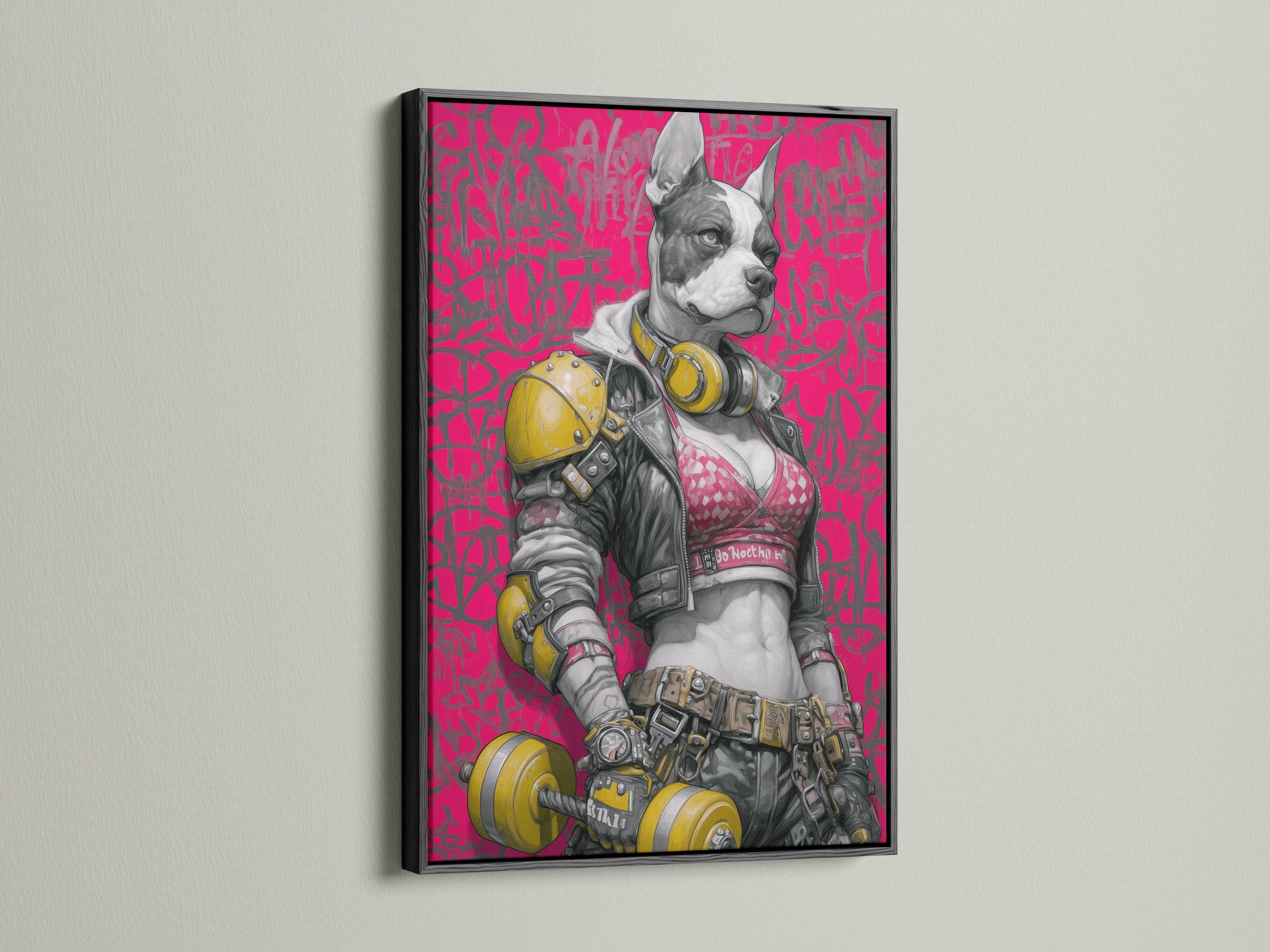 Stylised astronaut dog illustration with a pink graffiti background and yellow accents detail view