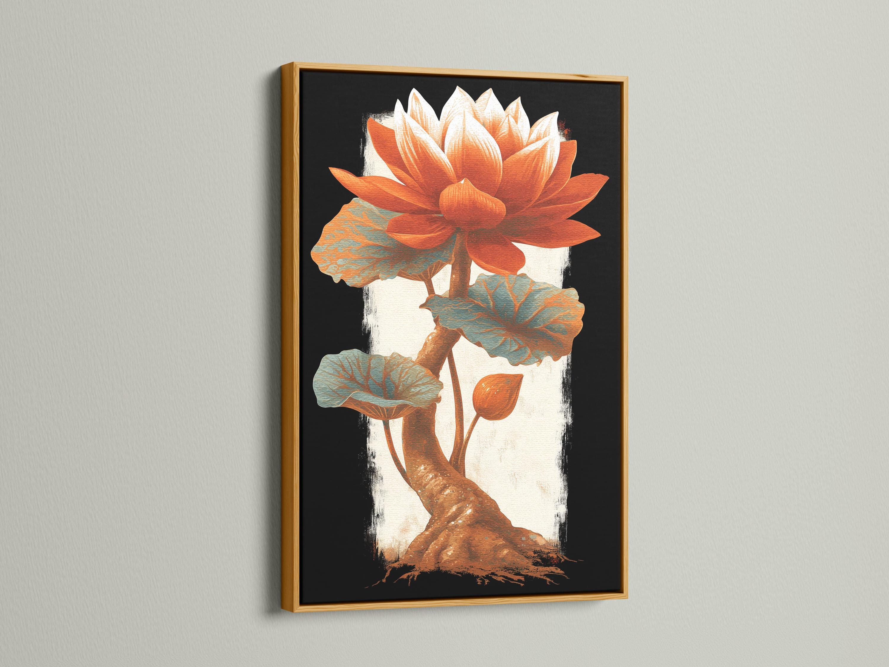 Room mockup showing a portrait lotus flower artwork with burnt orange petals and teal leaves