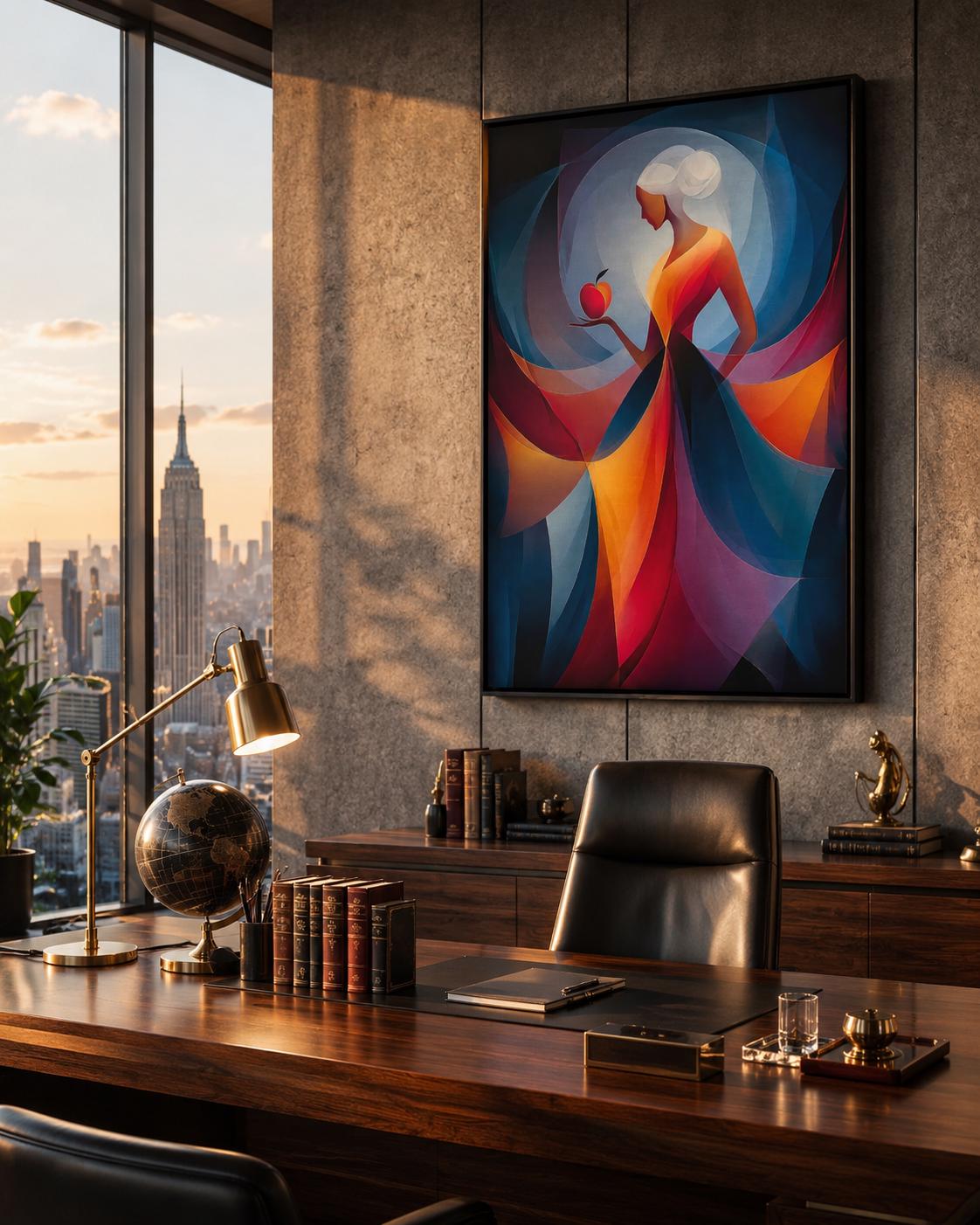 Abstract woman holding a red apple with layered blue, teal and purple curved shapes detail view
