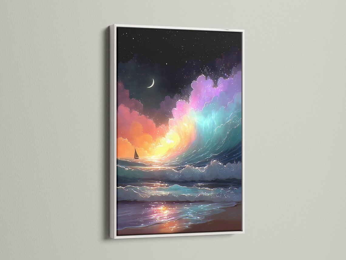 Starry night ocean with crescent moon, glowing teal and purple waves and a sailboat detail view