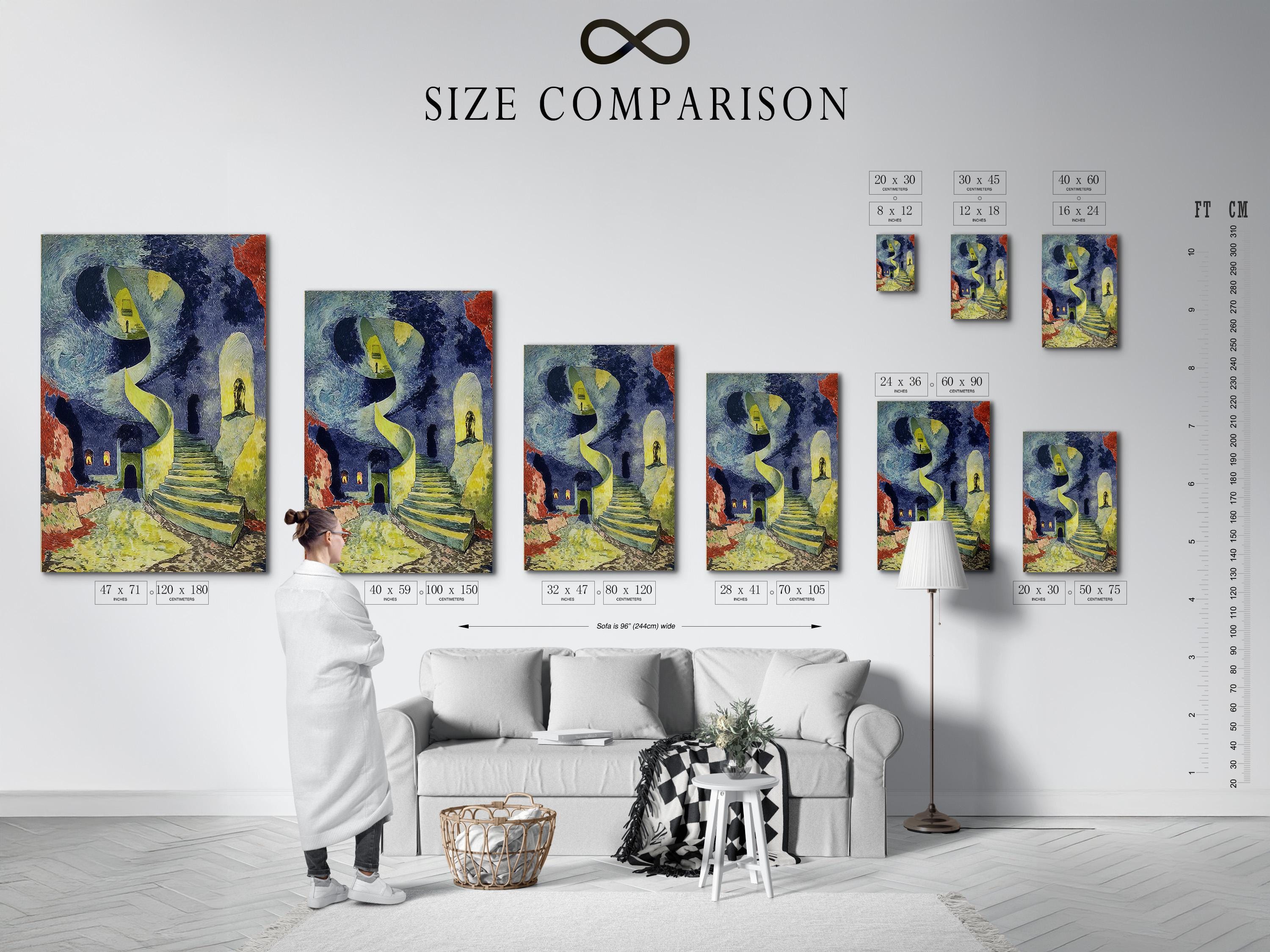 Room mockup showing framed surreal spiral staircase artwork with blue and green tones