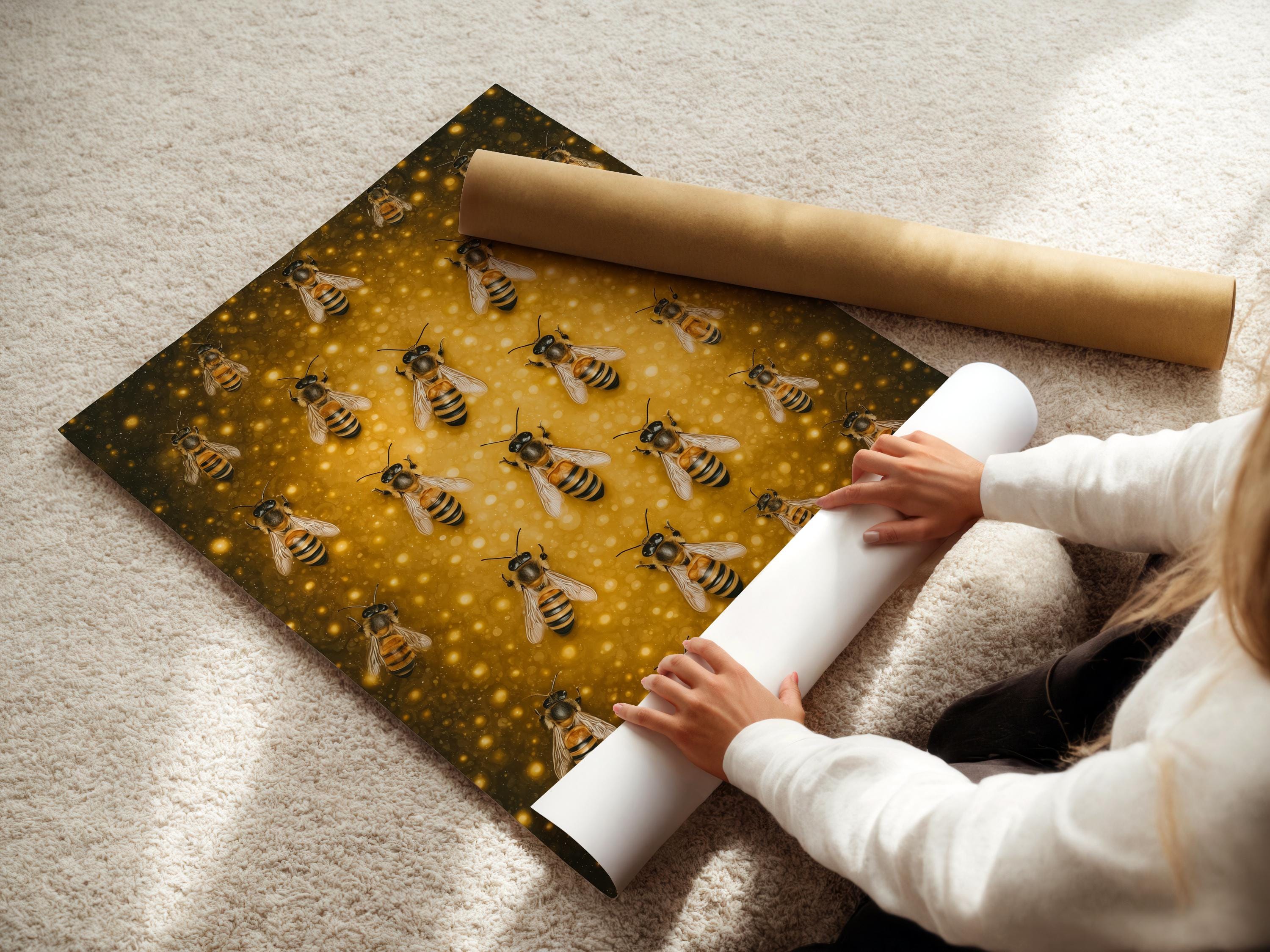 Illustrated bees with black and yellow stripes on a warm golden honeycomb-like background detail view