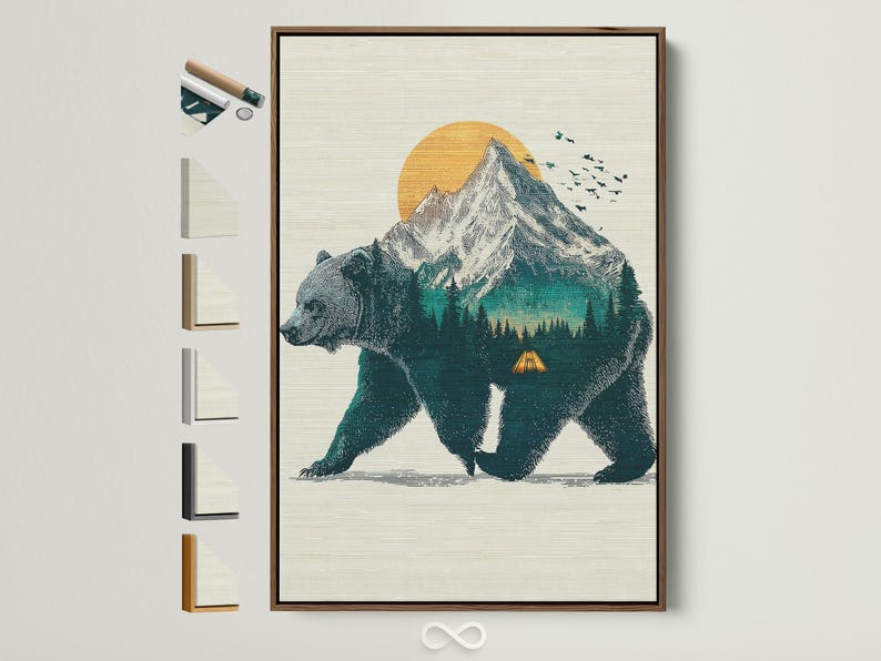 Illustration of a teal bear walking with a mountain and orange sun in the background