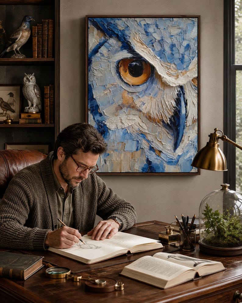 Blue owl portrait painting with textured blue feathers and warm gold eyes