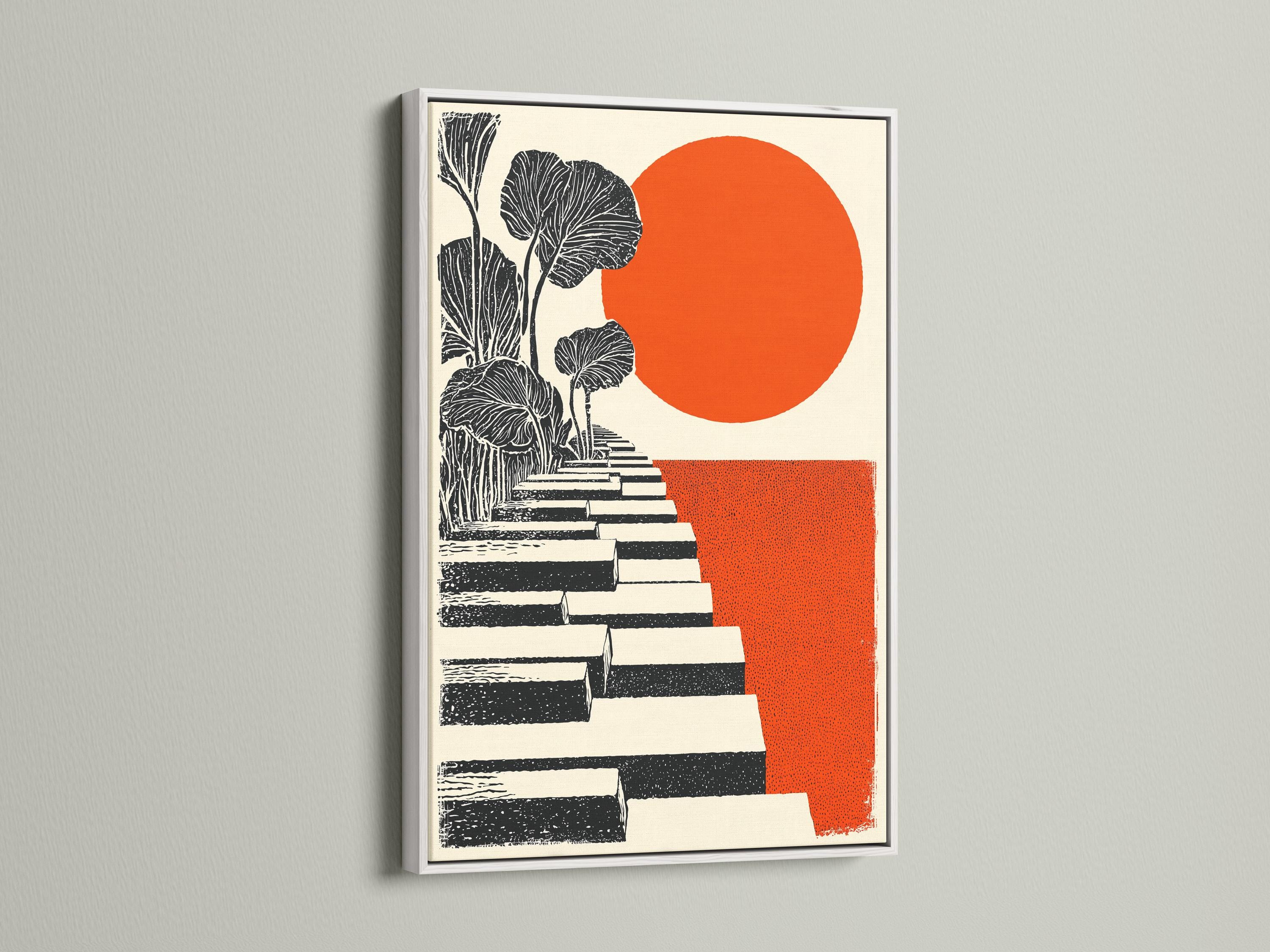 Orange sun with black botanical tree and diagonal stepped blocks artwork detail view